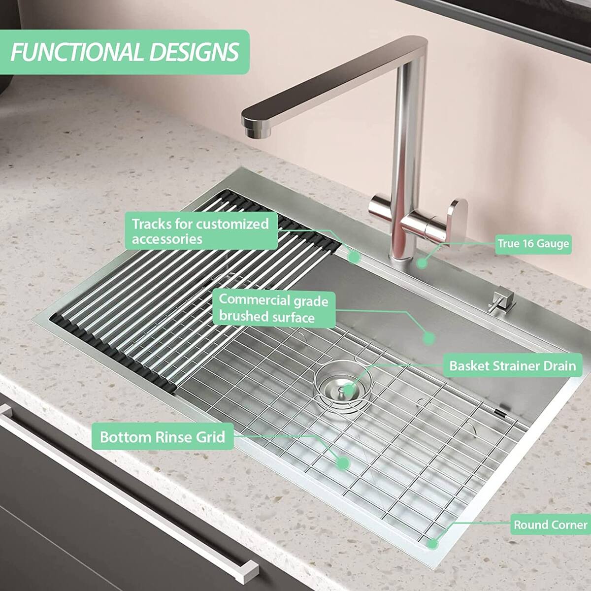 FUNCTIONAL DESIGNS

- Tracks for customized accessories
- True 16 Gauge
- Commercial grade brushed surface
- Basket Strainer Drain
- Bottom Rinse Grid
- Round Corner