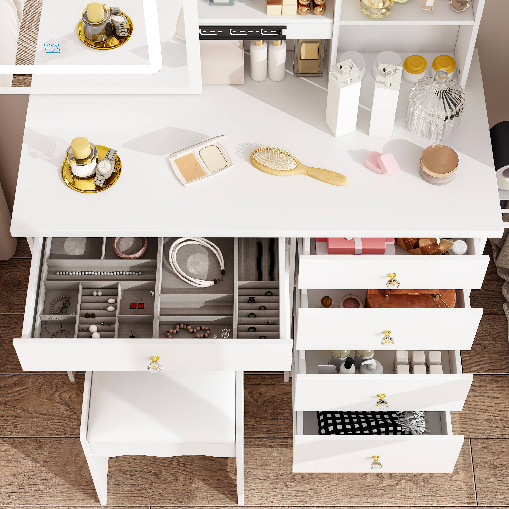 Alt View 6. Famapy - Sliding Mirror Vanity Desk with LED Light & Hidden Storage, Makeup Table with Side Shelf for Bedroom - White.