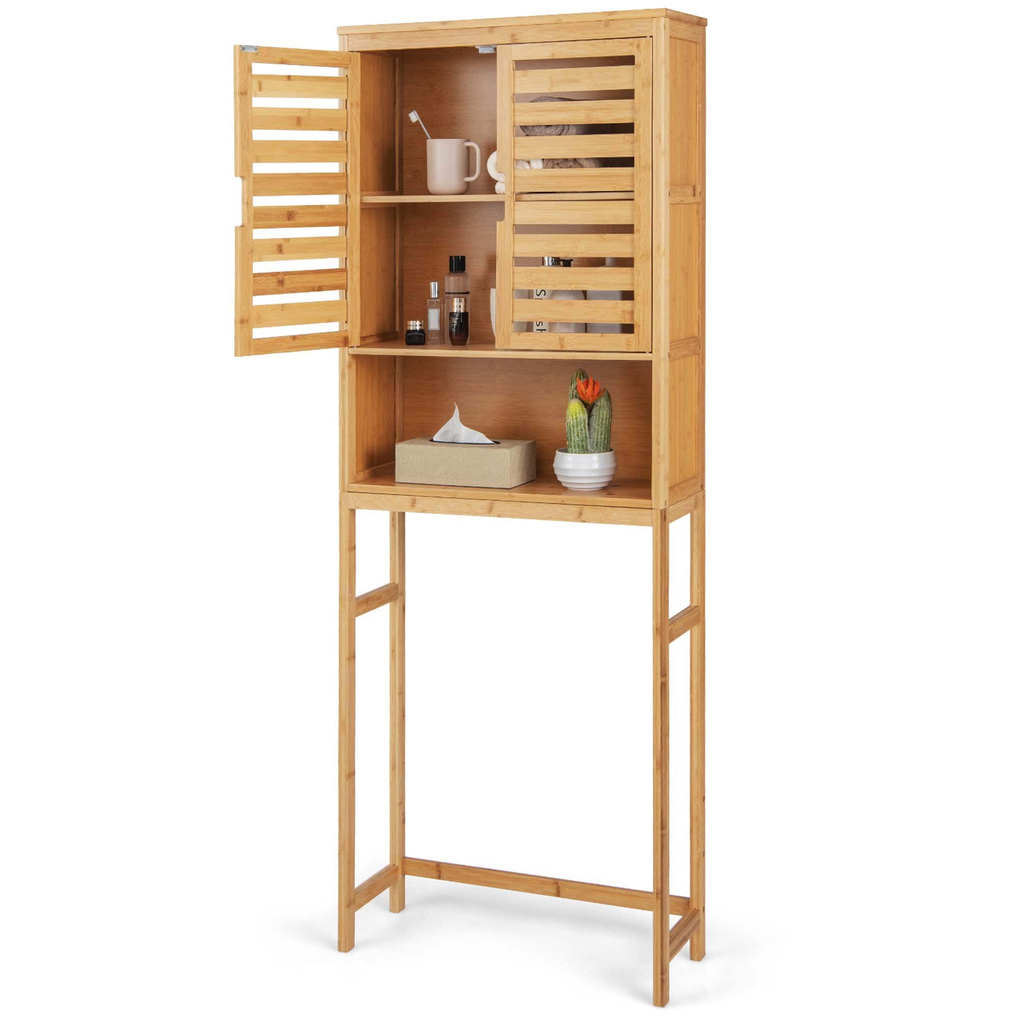Costway - Over the Toilet Storage Cabinet Tall Bathroom Bamboo Shelf Organizer Space Saver - Natural