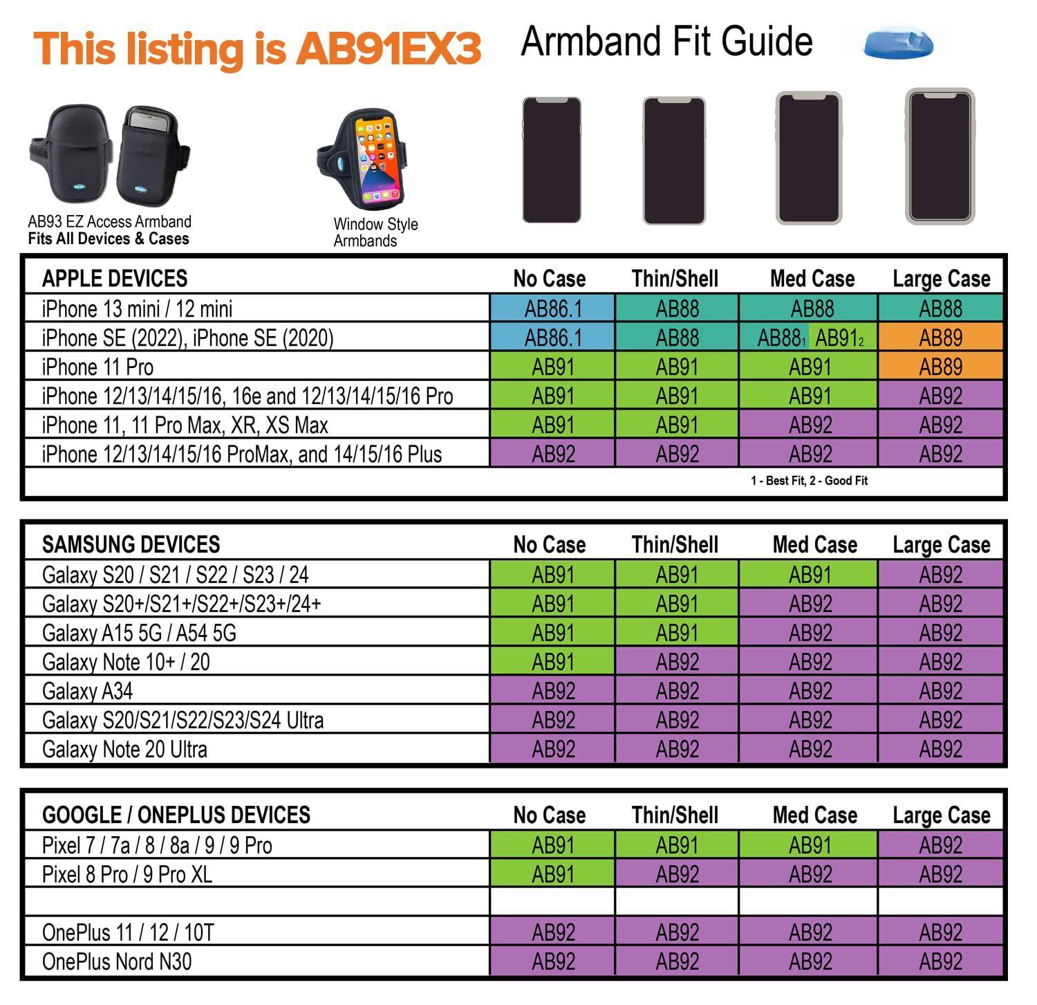 This listing is AB91EX3

Armband Fit Guide

AB93 EZ Access Armband Fits All Devices & Cases

Window Style Armbands

APPLE DEVICES

- iPhone 13 mini / 12 mini
- iPhone SE (2022), iPhone SE (2020)
- iPhone 11 Pro
- iPhone 12/13/14/15/16, 16e and 12/13/14/15/16 Pro
- iPhone 11, 11 Pro Max, XR, XS Max
- iPhone 12/13/14/15/16 ProMax, and 14/15/16 Plus

SAMSUNG DEVICES

- Galaxy S20 / S21 / S22 / S23 / 24
- Galaxy S20+/S21+/S22+/S23+/24+
- Galaxy A15 5G / A54 5G
- Galaxy Note 10+ / 20
- Galaxy A34
- Galaxy S20/S21/S