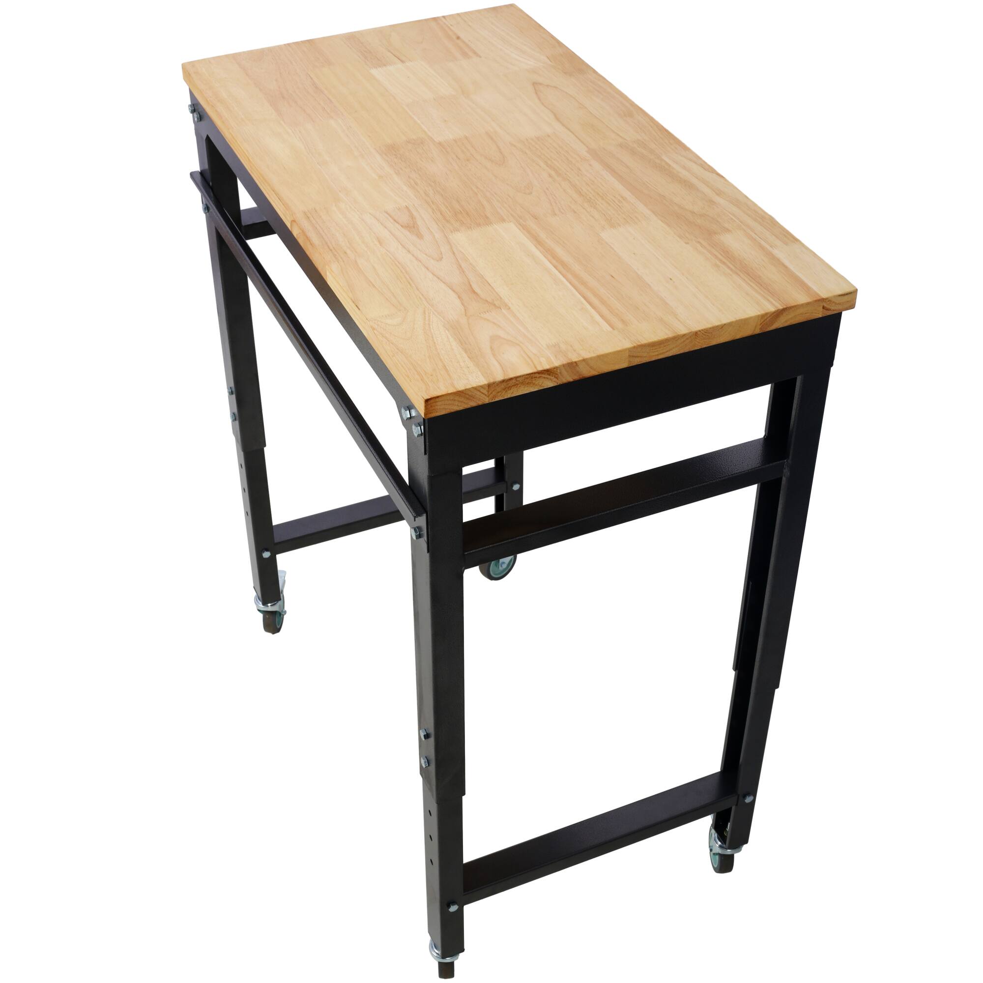 Angle. GOODSILO - Adjustable Height Rolling Workbench with Durable Rubber Wood Top for Garage and Workshop Use - Dark Gray,Wood.