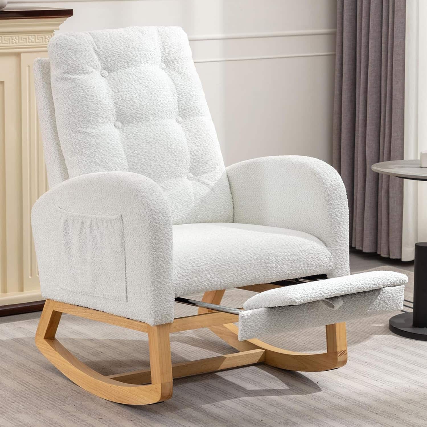 Trinkets Crazed - Nursery Rocking Chair Upholstered Glider Chair with Footrest Tufted Rocker Recliner with Side Pocket - White Polar Fleece