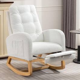 Trinkets Crazed - Nursery Rocking Chair Upholstered Glider Chair with Footrest Tufted Rocker Recliner with Side Pocket - White Polar Fleece