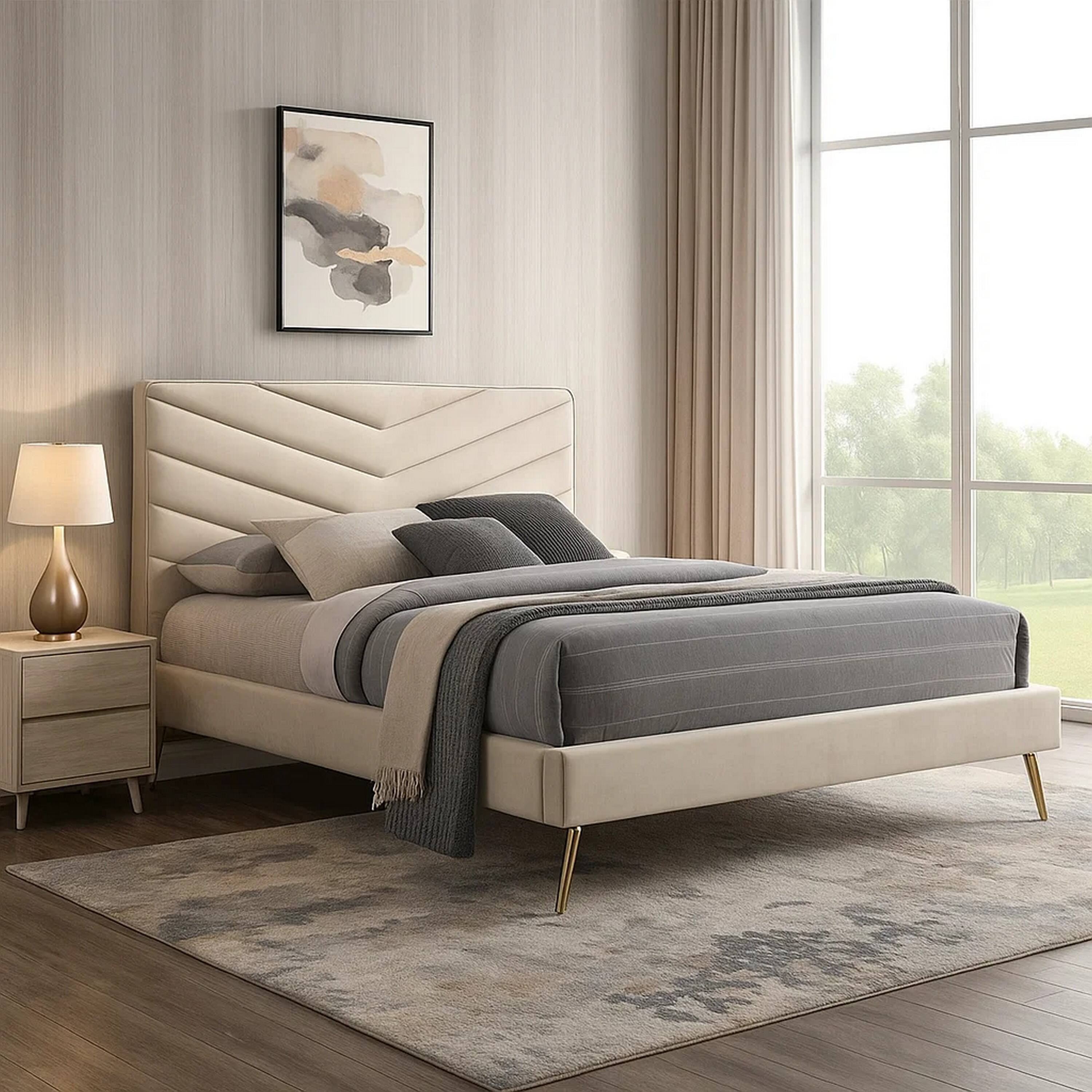 Alt View 5. Manhattan Lane - Vevy Twin Size Bed, Chevron Tufted Beige Flannelette Upholstery - Beige, Gold.
