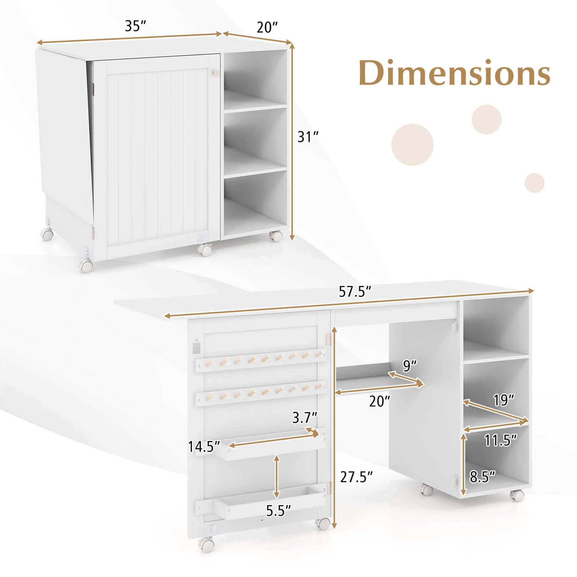 Dimensions:

- 35" (width)
- 20" (depth)
- 31" (height)

- 57.5" (length)
- 20" (depth)
- 9" (height of top shelf)
- 19" (height of middle shelf)
- 11.5" (height of bottom shelf)
- 8.5" (height of drawer)
- 3.7" (height of drawer)
- 14.5" (height of lower shelf)
- 5.5" (height of bottom shelf)