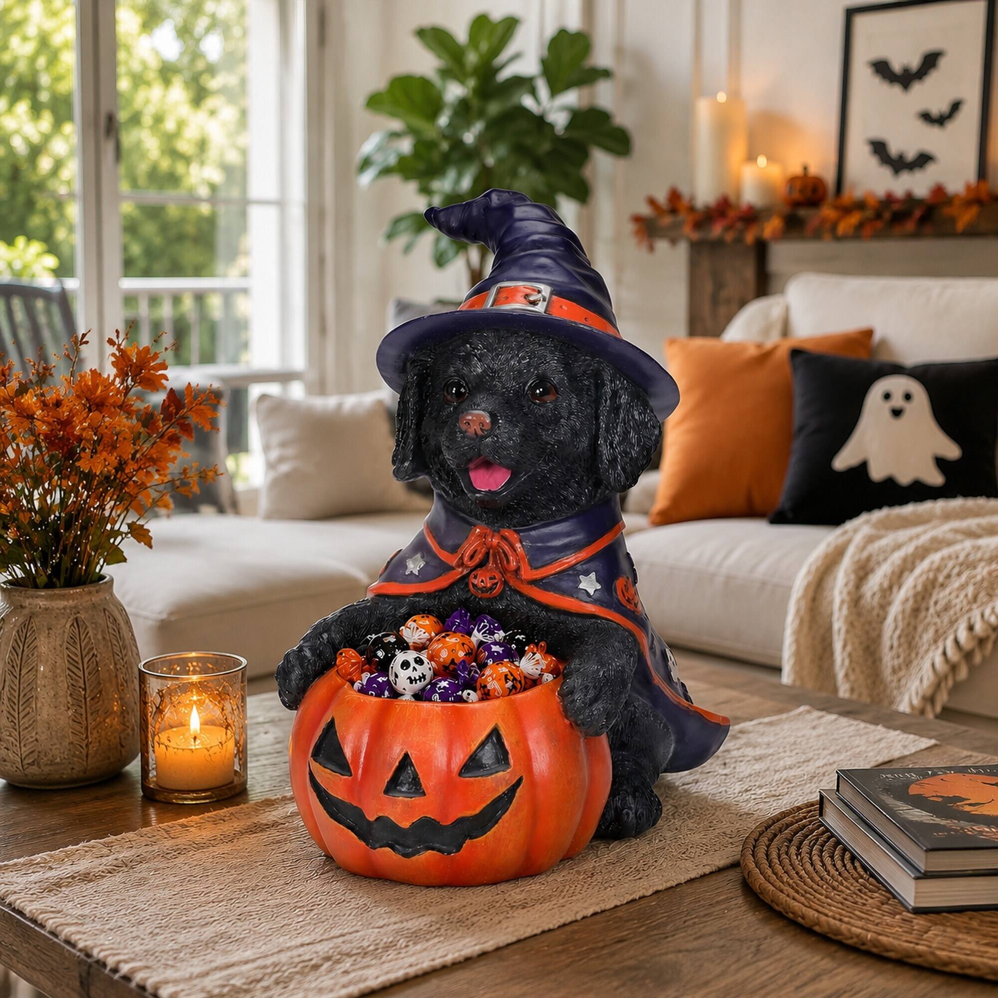 Back. RYHNUYNE - Halloween Black Labrador Witch Puppy Figurine with Pumpkin Candy Bowl, Resin Dog Decor for Shelf, Mantel - Red.