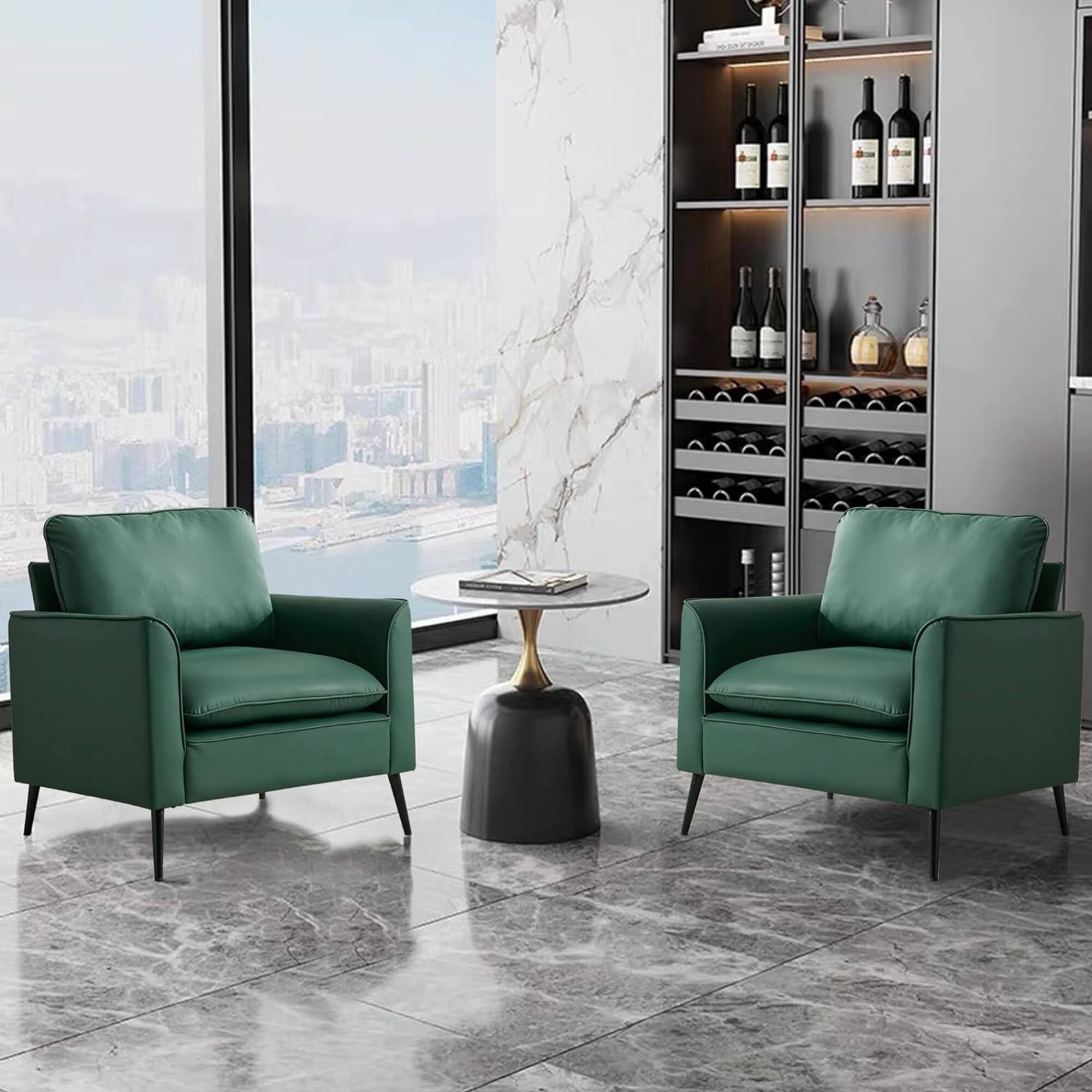 Front. GOODSILO - Nordic Retro Light Luxury Leather Upholstered Sofa Chair for Living Room, Bedroom, or Balcony - Green.