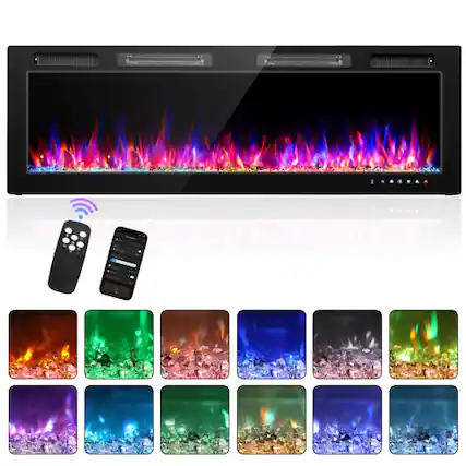 Front. Winado - 60" Electric Fireplace Insert, 1500W Wall-mounted/Built-in Fireplace Heater with WIFI Control, Remote Control, 12 Color - Black.