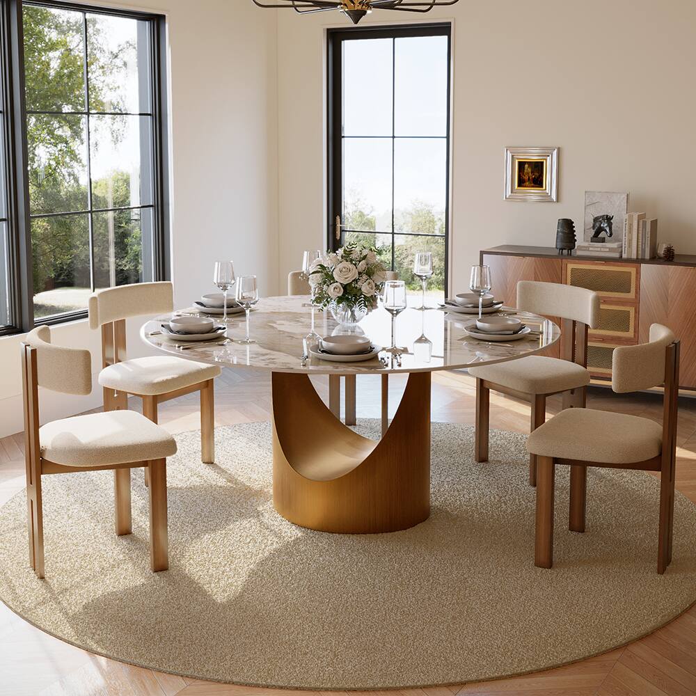 Left. POVISON - 59" Modern Round Dining Table for 6 Pandora Glossy Sintered Stone Table with Bronze Carbon Steel Pedestal - White with Bronze.