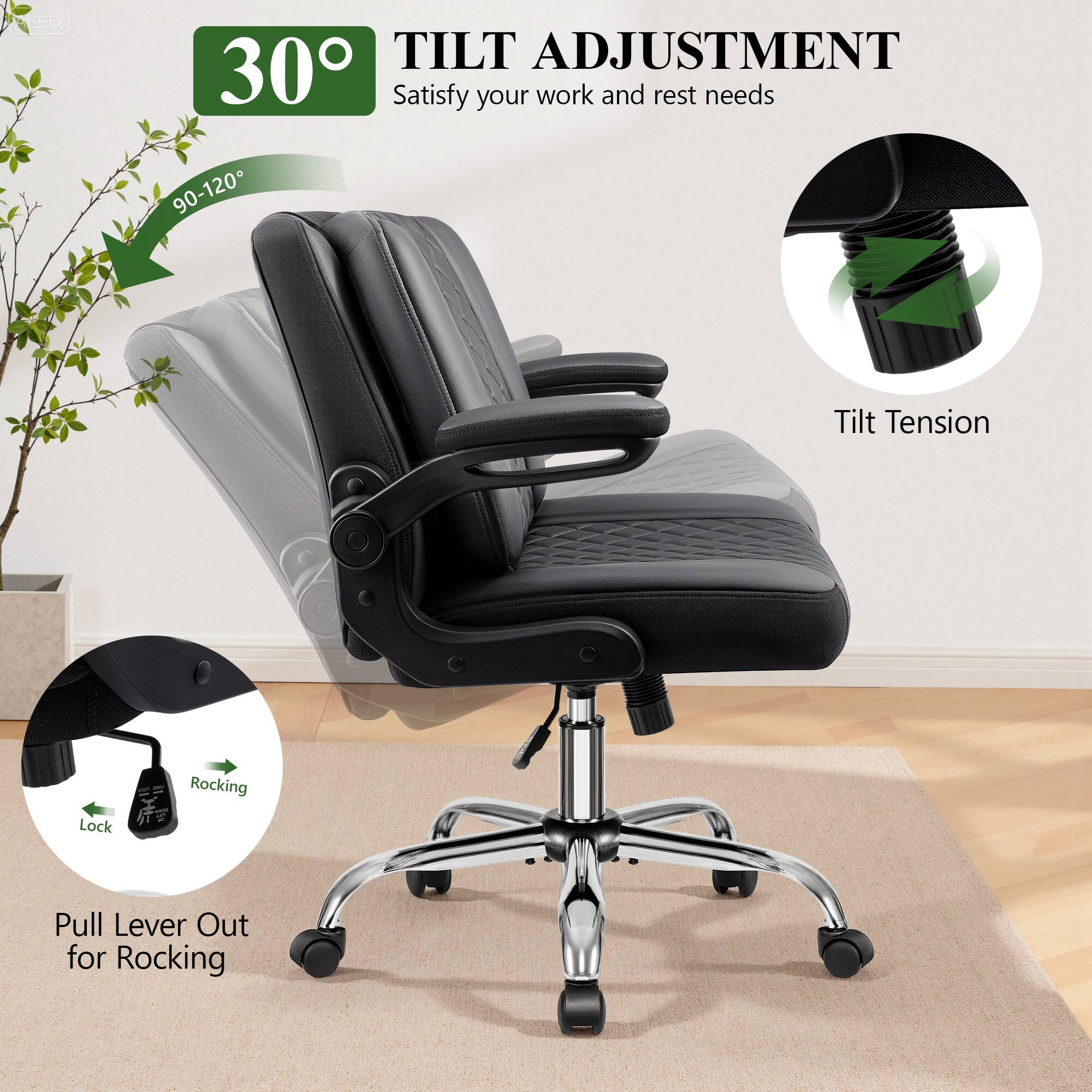 **TILT ADJUSTMENT**

- 30°
- Satisfy your work and rest needs
- 90-120°

**Tilt Tension Lock**

- Rocking
- Pull Lever Out for Rocking