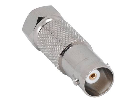 Angle. Cable Leader - F-Type Male to BNC Female Adapter, 75-Ohm, RF Coaxial, Fully Molded - Silver.