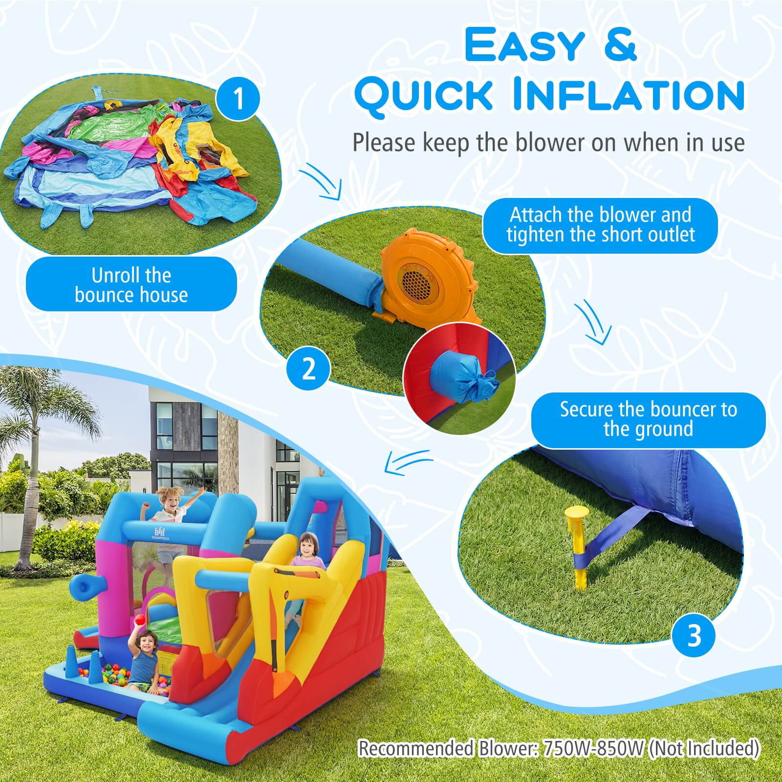 1. EASY & QUICK INFLATION  
   Please keep the blower on when in use  
   Unroll the bounce house  
   Attach the blower and tighten the short outlet  

2. Secure the bouncer to the ground  

3. Recommended Blower: 750W-850W (Not Included)