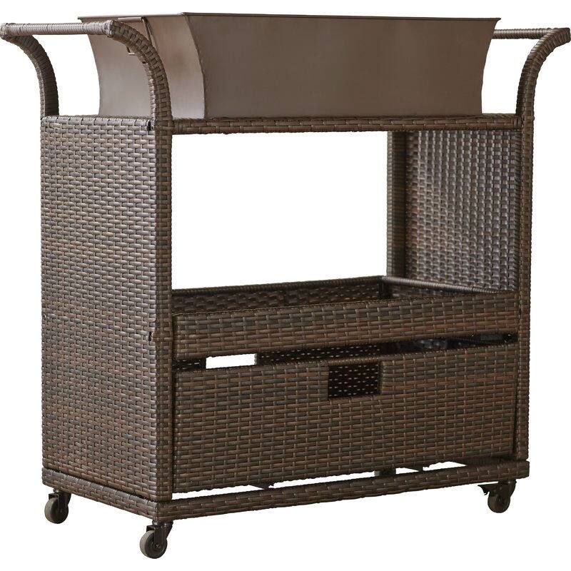 Front. Hivvago - Outdoor Sturdy Resin Wicker Serving Bar Cart with Tray Brown Rattan - Brown.
