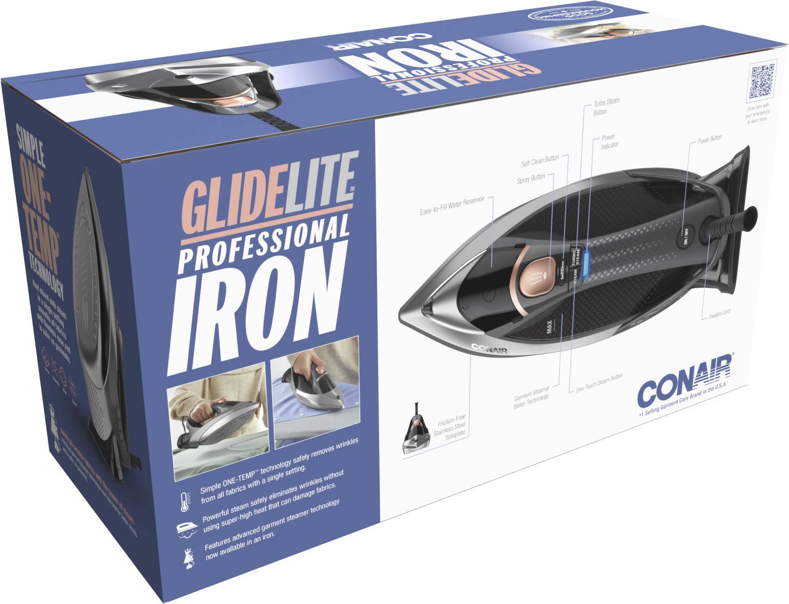 CONAIR MAX GlideLite Professional Iron - Easy-to-use, lightweight, and powerful steam iron with a stainless soleplate that safely removes wrinkles from all fabrics. Features a one-touch temperature setting and a simple, easy-to-clean design.