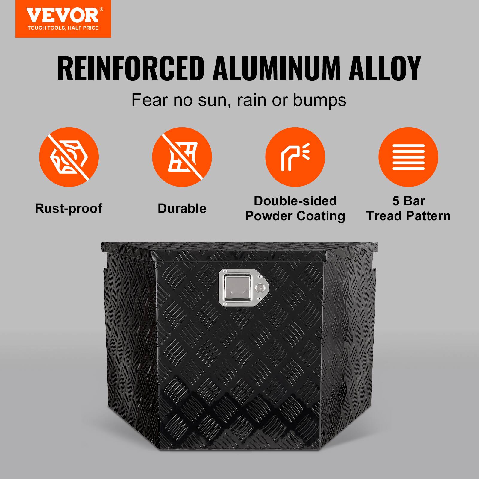 VEVOR TOUGH TOOLS, HALF PRICE

REINFORCED ALUMINUM ALLOY  
Fear no sun, rain or bumps

- Rust-proof
- Durable
- Double-sided Powder Coating
- 5 Bar Tread Pattern