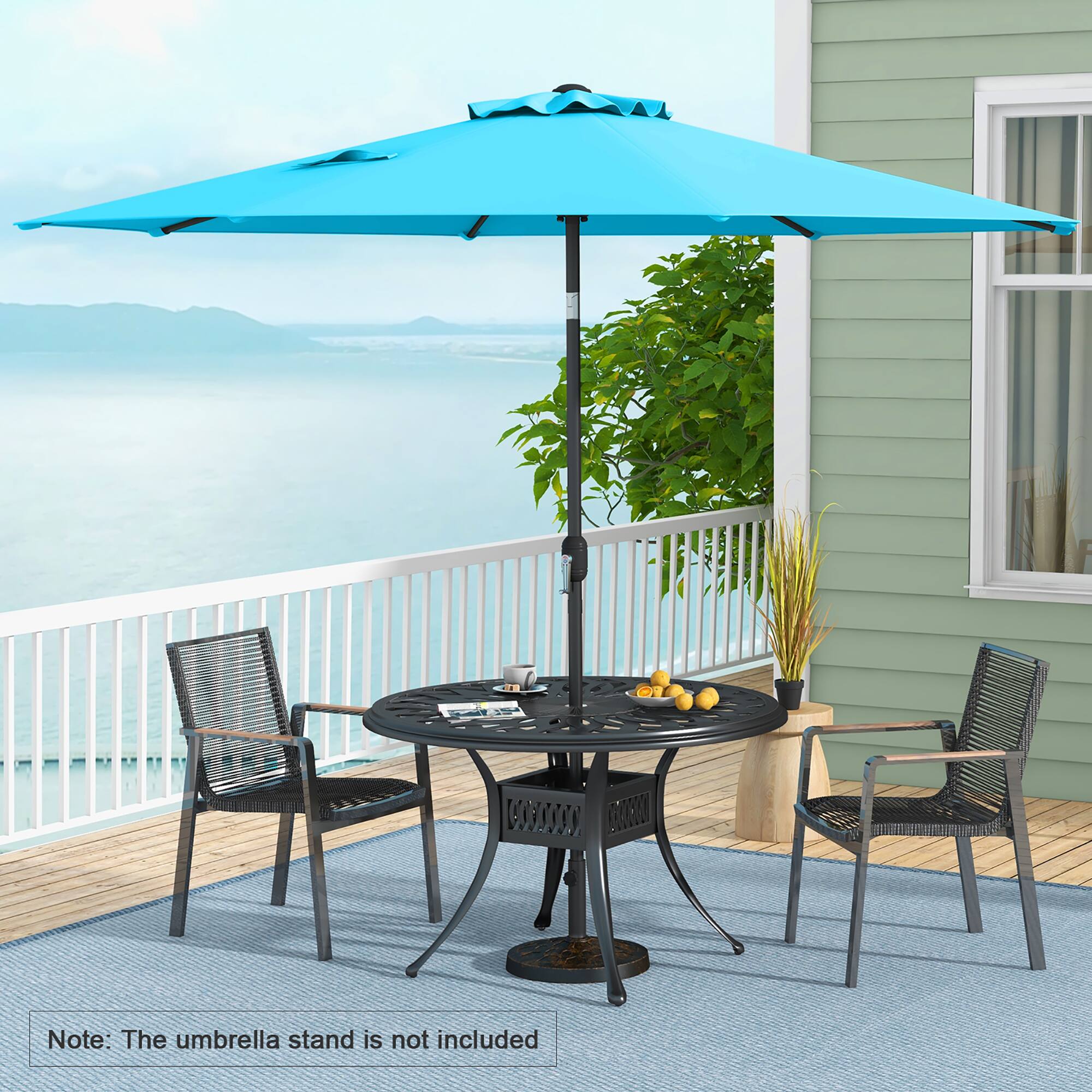 The text on the image is "Note: The umbrella stand is not included".