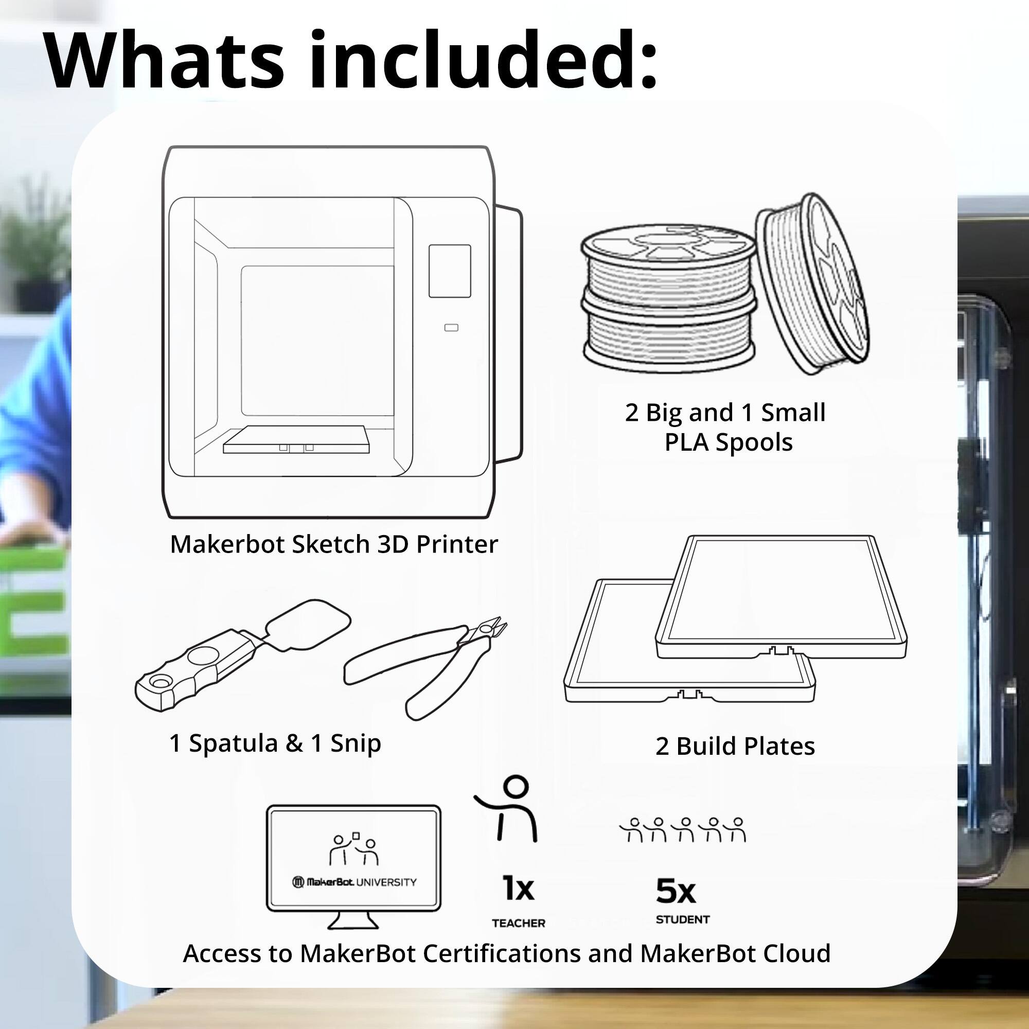 What's included:

- Makerbot Sketch 3D Printer
- 2 Big and 1 Small PLA Spools
- 1 Spatula & 1 Snip
- 2 Build Plates
- Access to MakerBot Certifications and MakerBot Cloud
- 1x TEACHER
- 5x STUDENT
