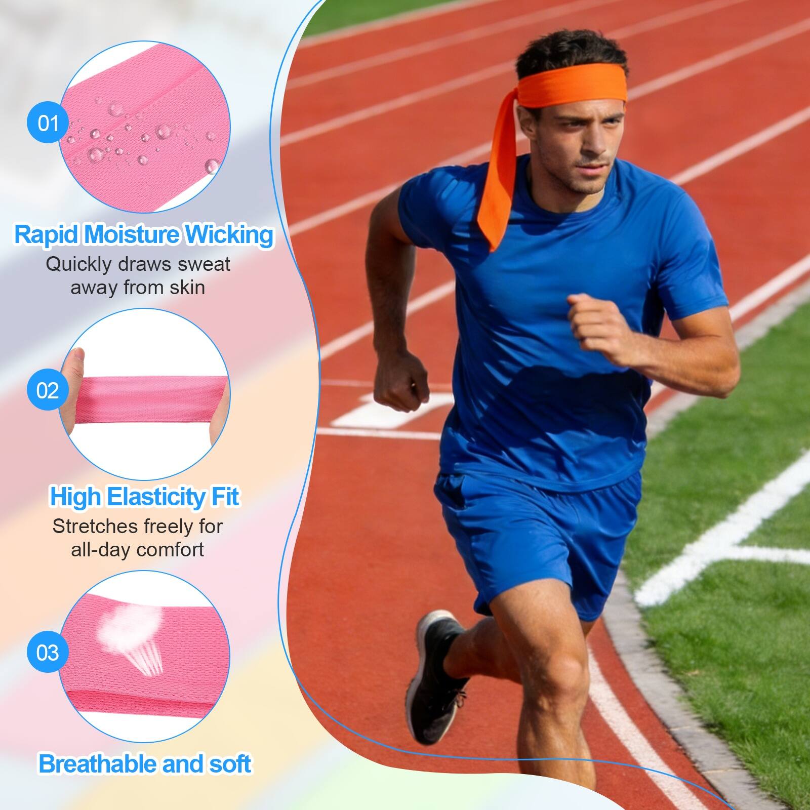01 Rapid Moisture Wicking: Quickly draws sweat away from skin  
02 High Elasticity Fit: Stretches freely for all-day comfort  
03 Breathable and soft