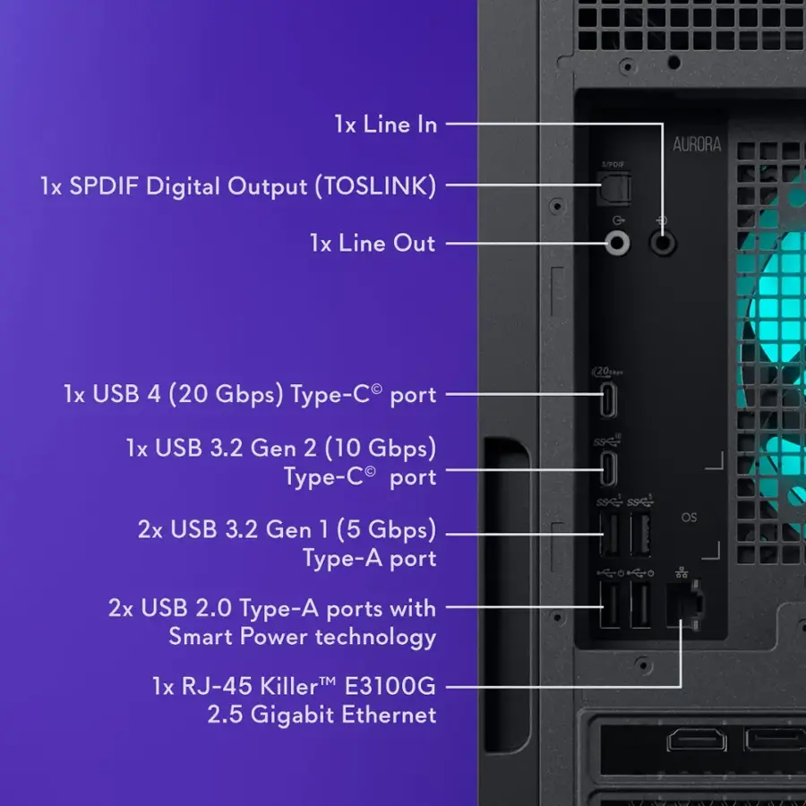 1x Line In
1x SPDIF Digital Output (TOSLINK)
S/PDIF
AURORA
1x Line Out
1x USB 4 (20 Gbps) Type-C port
1x USB 3.2 Gen 2 (10 Gbps) C Type-C port
2x USB 3.2 Gen 1 (5 Gbps) Type-A port
20Gbps sse sse sset OS a 2x USB 2.0 Type-A ports with Smart Power technology
1x RJ-45 KillerTM E3100G 2.5 Gigabit Ethernet