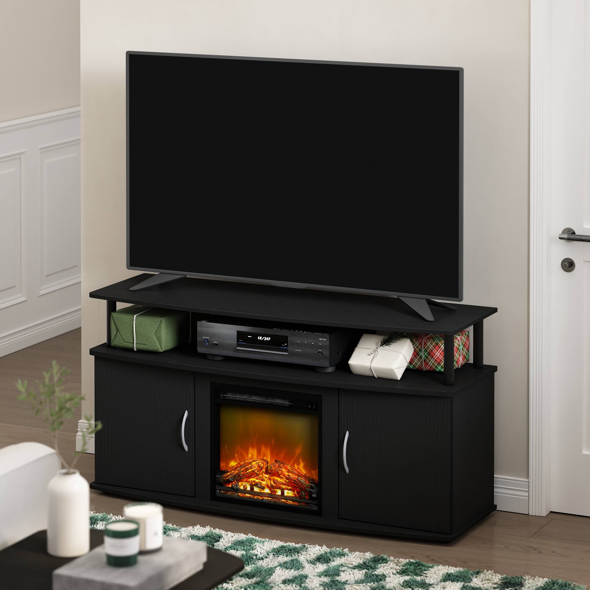 Alt View 5. Furinno - Jensen Living Room Fireplace Entertainment Center with Doors Storage Cabinet for TV up to 55 Inch - Americano/Black.