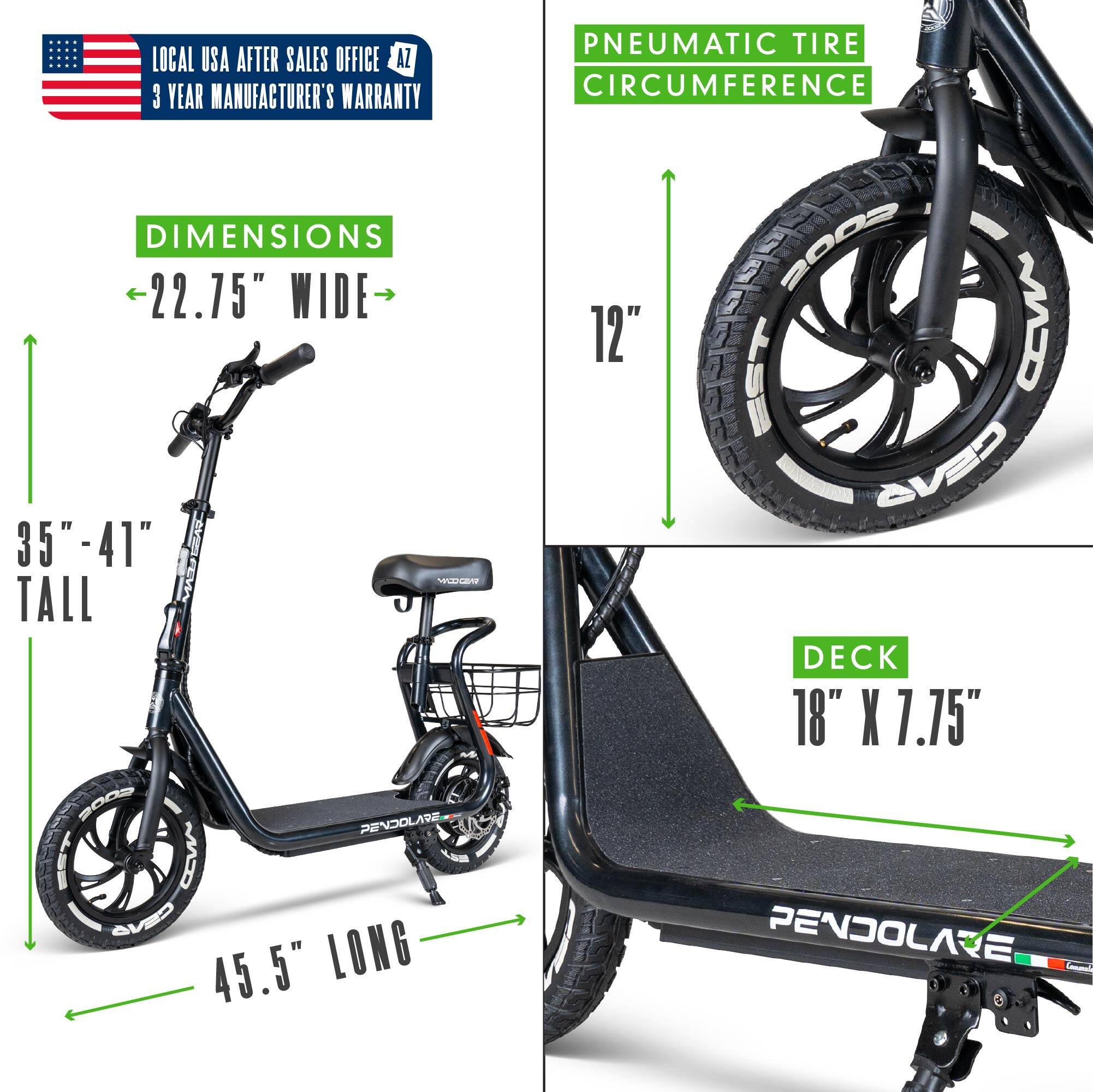 LOCAL USA AFTER SALES OFFICE  
3 YEAR MANUFACTURER'S WARRANTY  

DIMENSIONS  
- 22.75" WIDE  
- 35"-41" TALL  
- 45.5" LONG  

PNEUMATIC TIRE CIRCUMFERENCE  
- 12"  

DECK  
- 18" X 7.75"