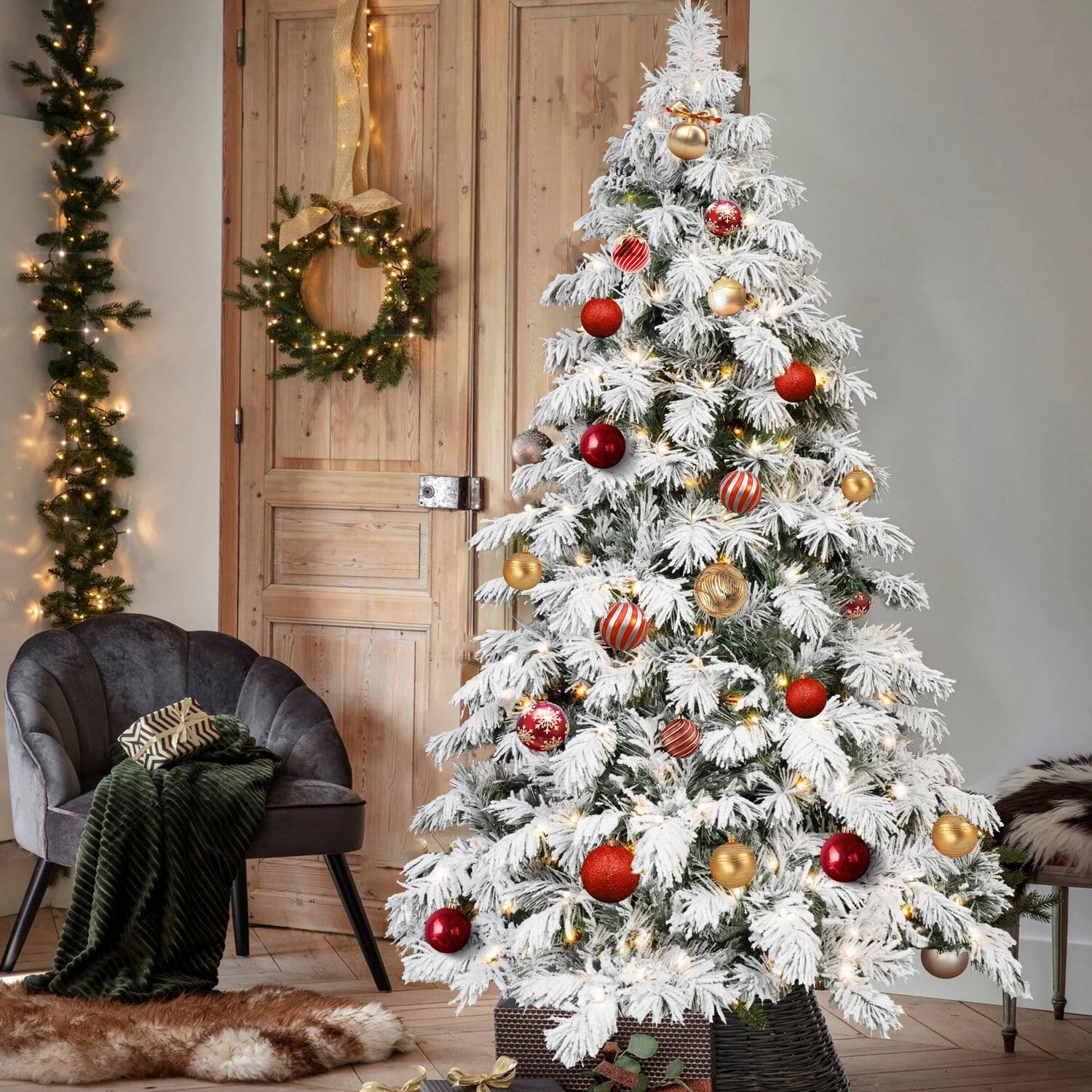 Alt View 2. Pefilos - 7ft LED Flock Christmas Tree with 890PE/PVC Mixed Branch Tips, Hinged Foldable Base for Indoor Holiday Decor - White.