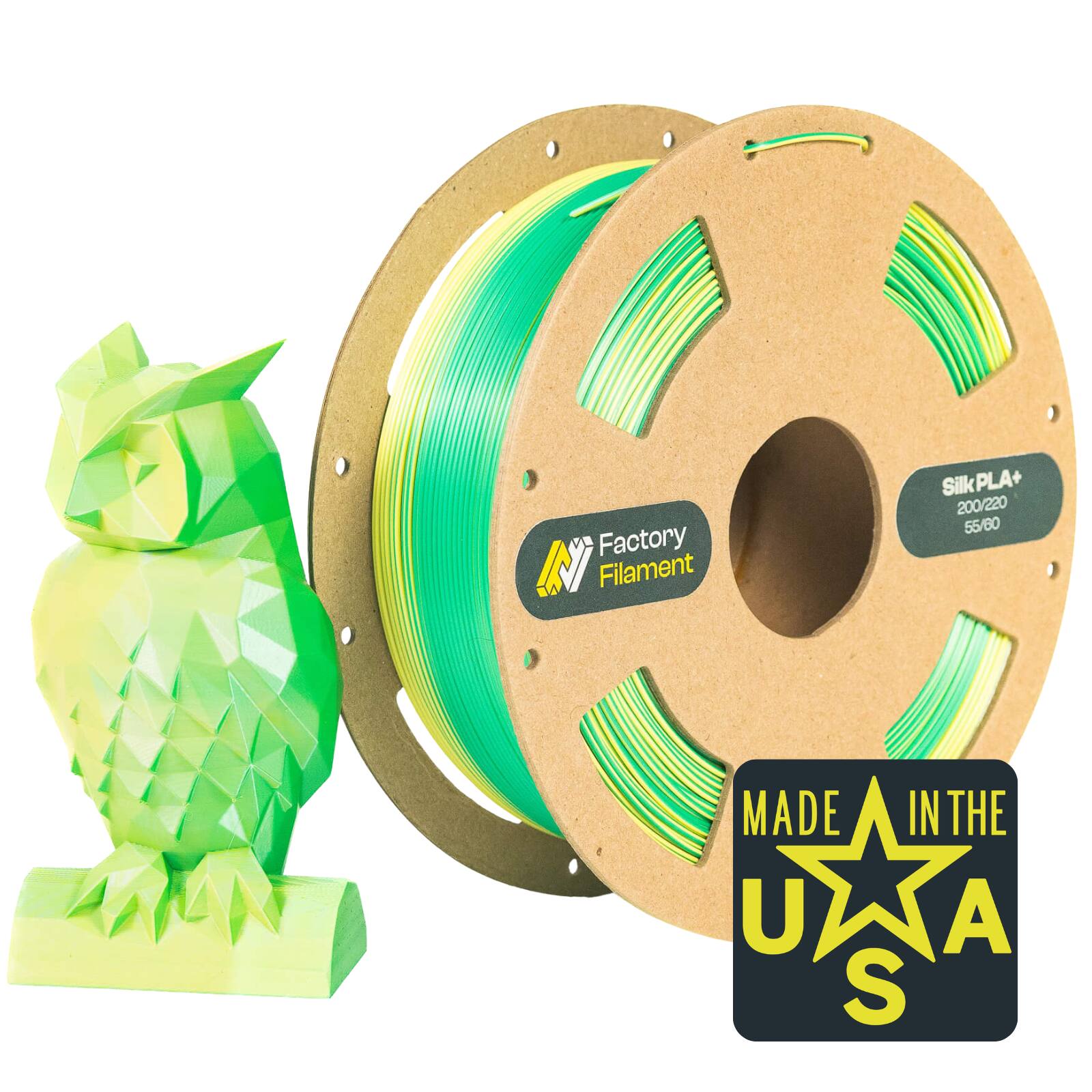 Factory Filament - 1.75mm Dual Color Silk Green + Yellow PLA 3D Printer Filament, 1 KG Spool, Dimensional Accuracy +/- 0.02 mm - Green/Yellow