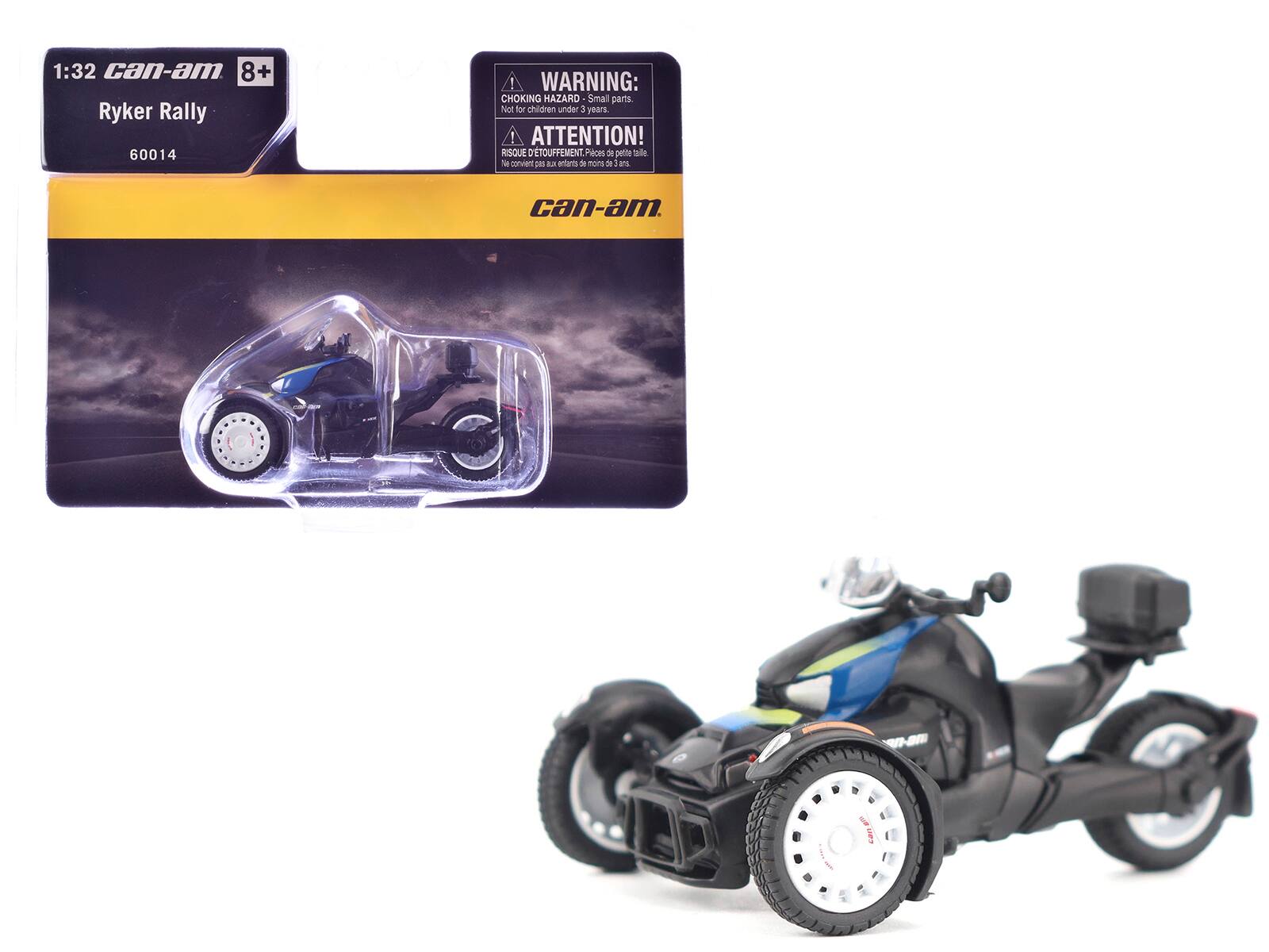 1:32 can-am  
8+  
Ryker Rally  
60014  

WARNING: CHOKING HAZARD - Small parts. Not for children under 3 years.  
ATTENTION! RISQUE D'ÉTOUFFEMENT - Pièces de petite taille. Ne convient pas aux enfants de moins de 3 ans.