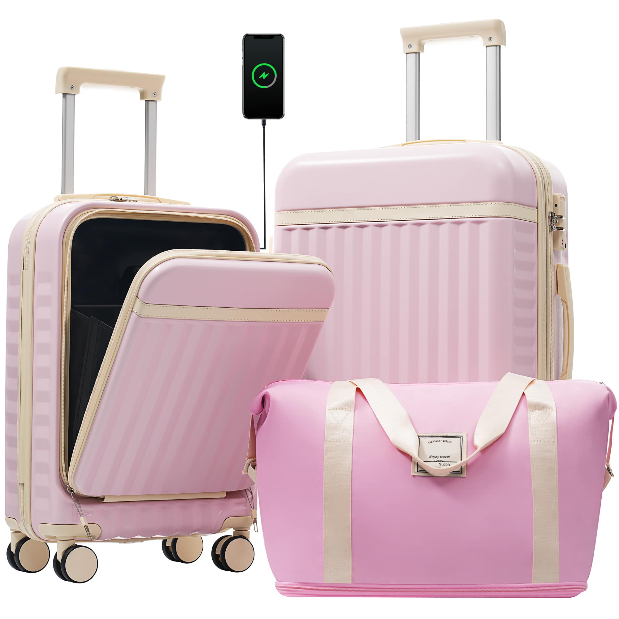 LOVMOR - 3-Piece Luggage Set Front-Opening USB TSA Spinner Expandable - Pink