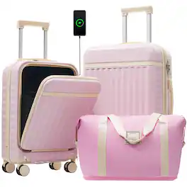 LOVMOR - 3-Piece Luggage Set Front-Opening USB TSA Spinner Expandable - Pink