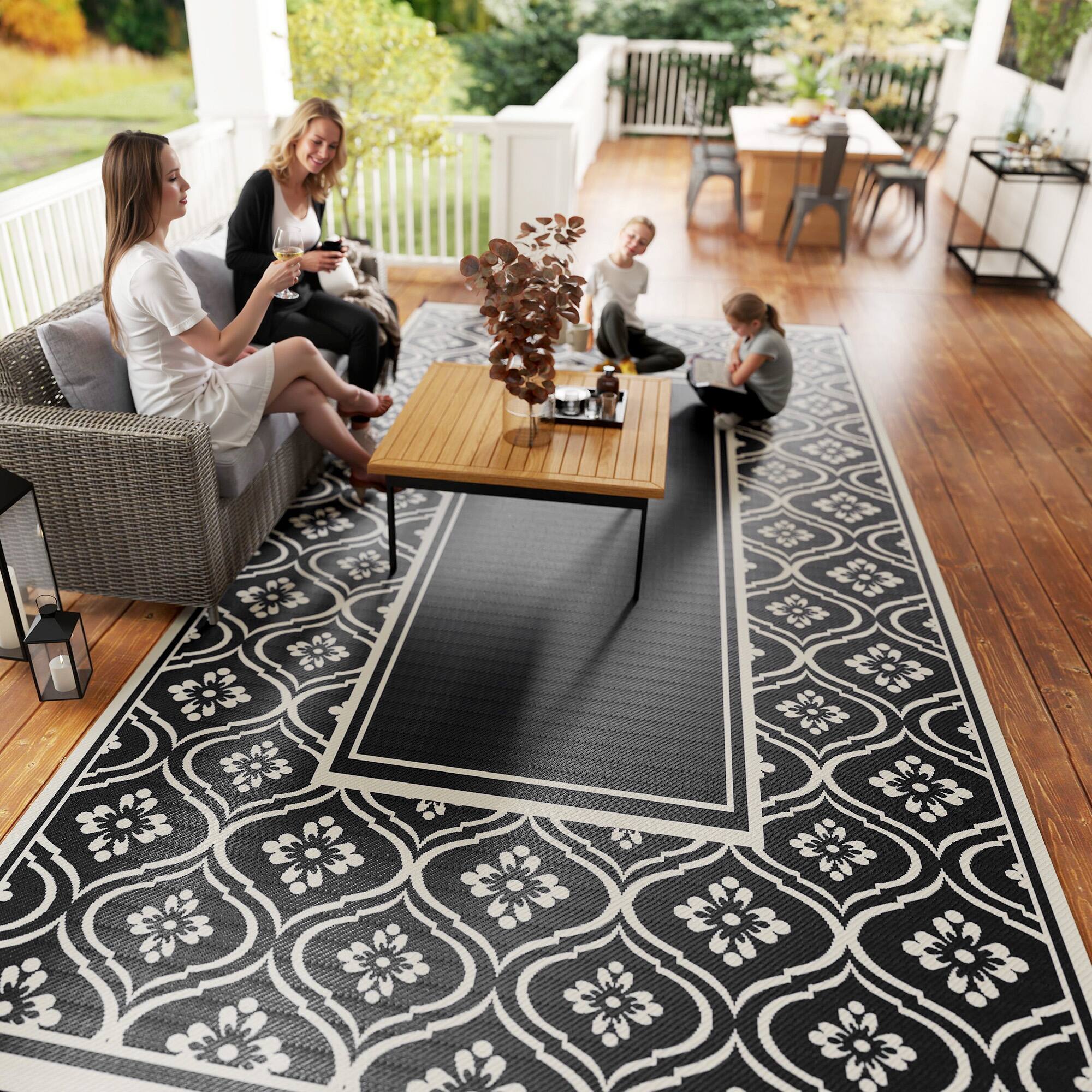 Alt View 8. Outsunny - Outdoor Rug for Patio, 9' x 18' Waterproof Large Mat, Reversible Plastic Straw Rug for Décor - Black and White Gourd Border.
