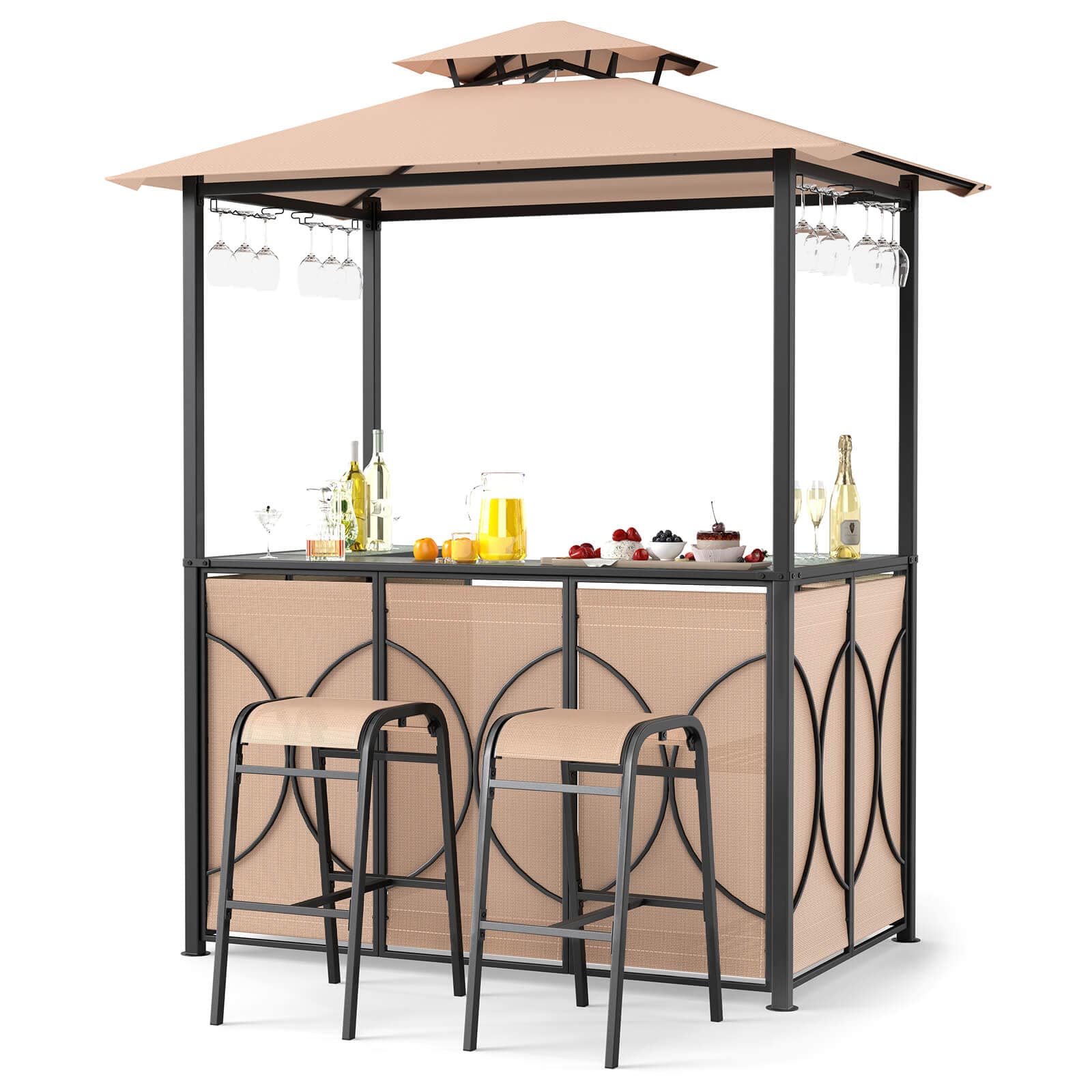Costway - 6.5 x 4 x 8 FT Grill Gazebo Set with 2 Bar Stools, Tempered Glass Bar Table - Brown