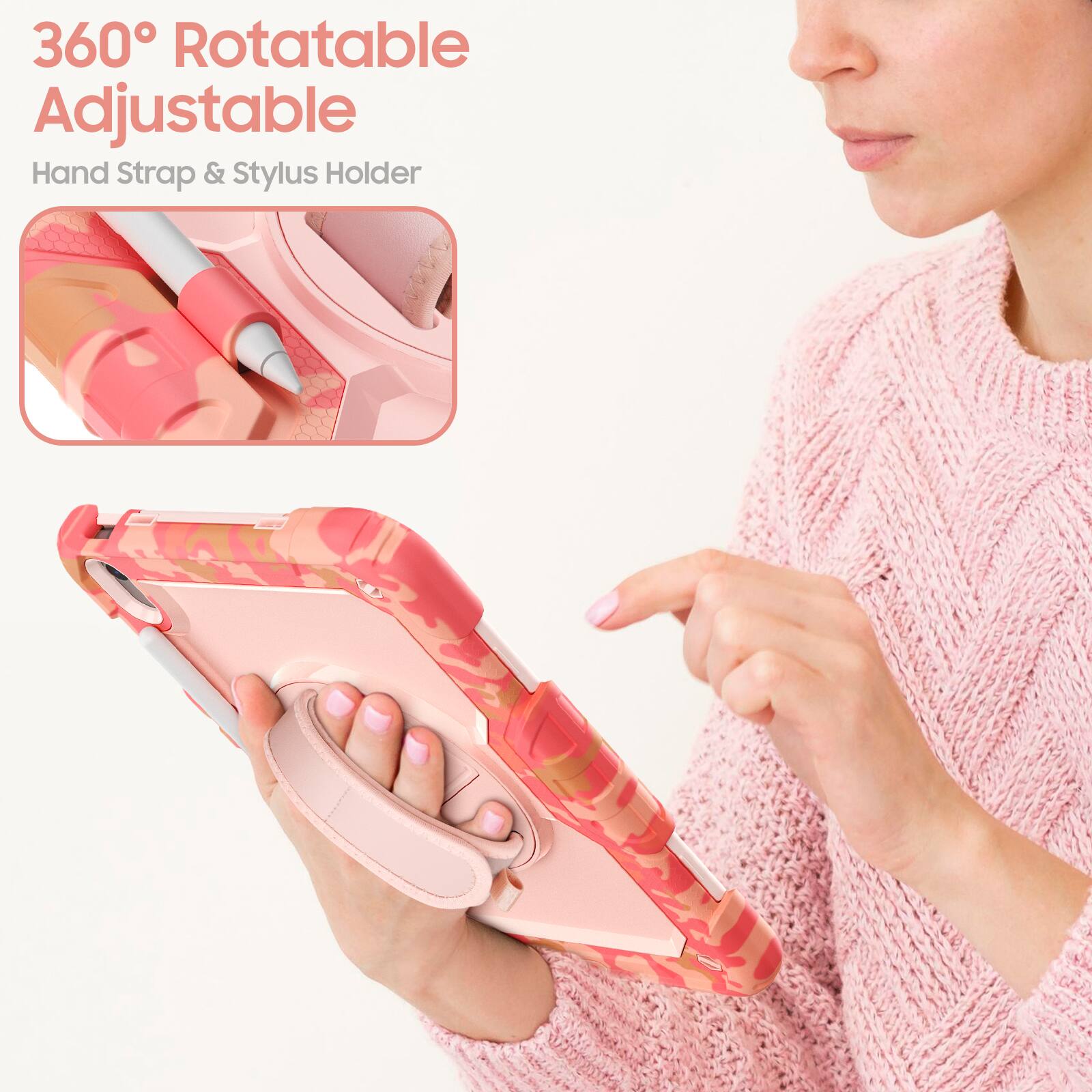 360° Rotatable Adjustable  
Hand Strap & Stylus Holder