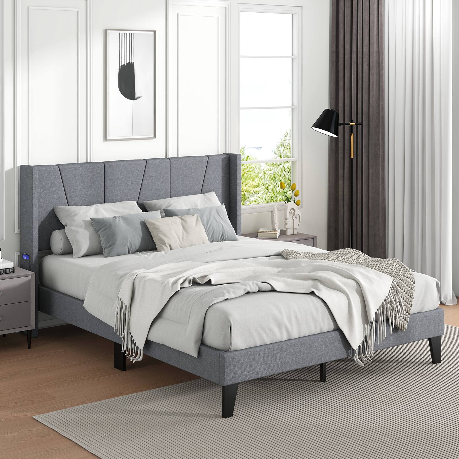 Angle. Sugift - Full Size Bed Frame with Wingback Headboard and Wood Slat Support-Full Size - Grey.
