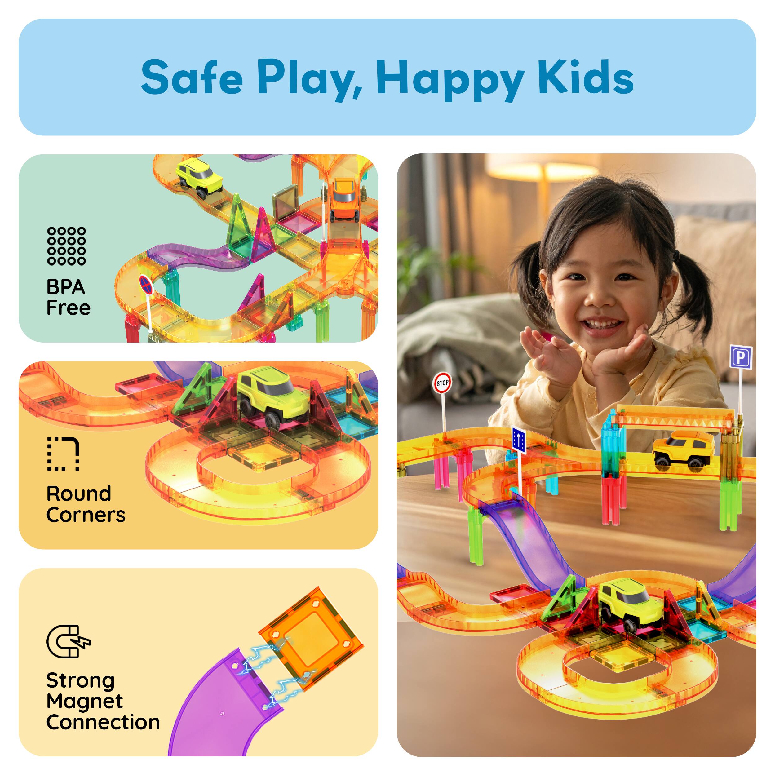 Safe Play, Happy Kids

- BPA Free
- Round Corners
- Strong Magnet Connection
