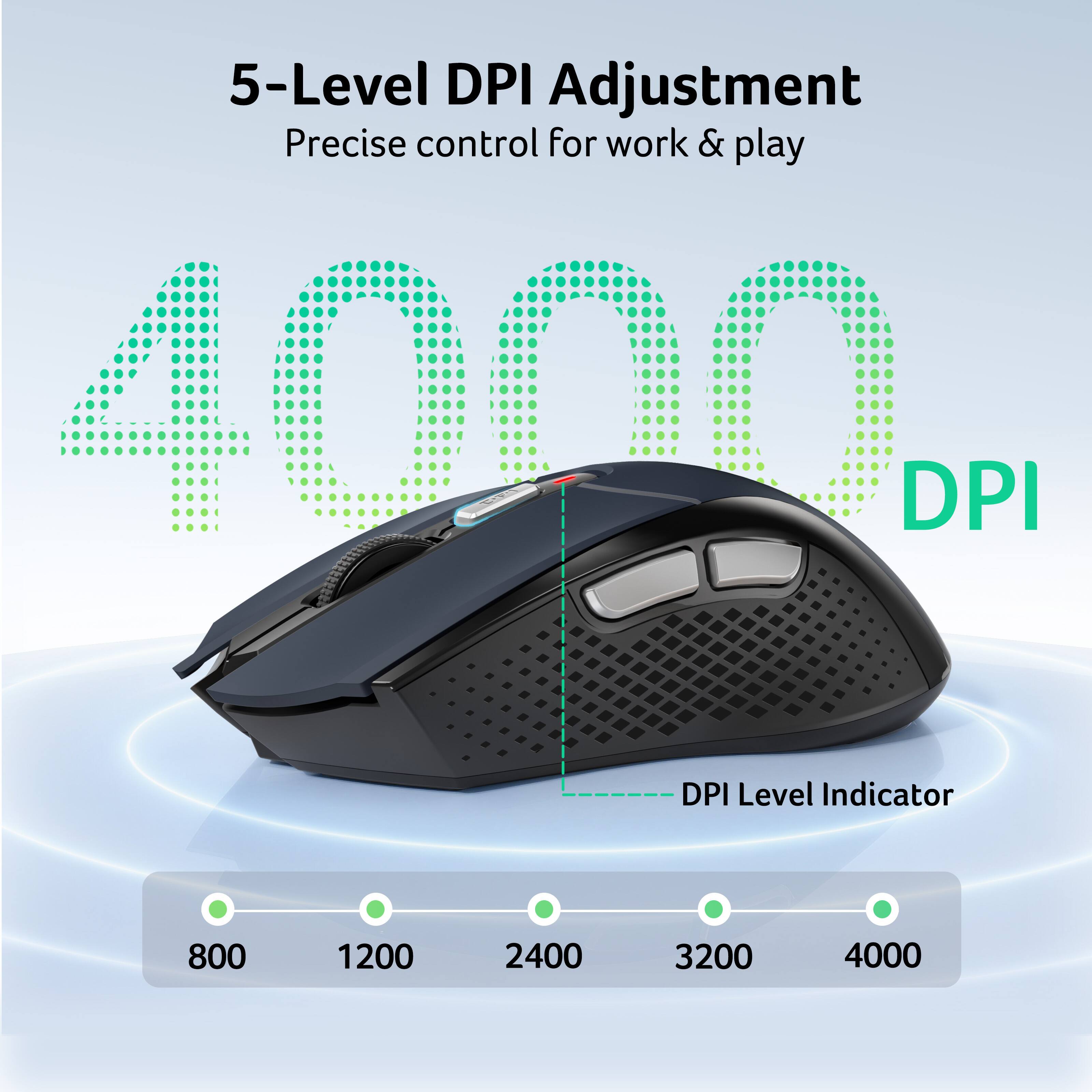 5-Level DPI Adjustment  
Precise control for work & play  
4000 DPI  
DPI Level Indicator  
800 1200 2400 3200 4000