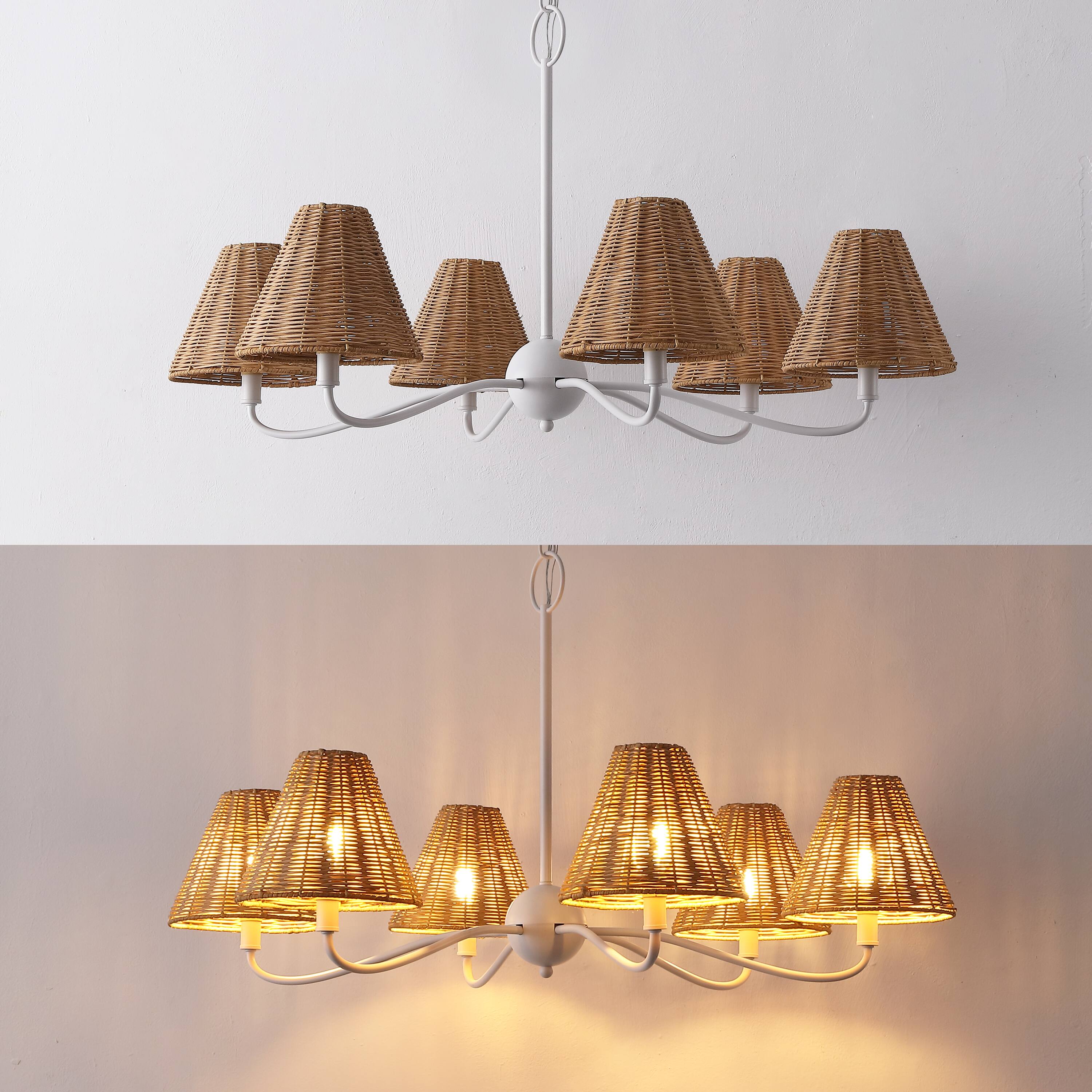 Alt View 3. Jonathan Y - Grady 35" 6-Light Grand Adjustable Swooping Arm Metal with Hand-Woven Rattan Shades LED Chandelier, White/Brown - White.