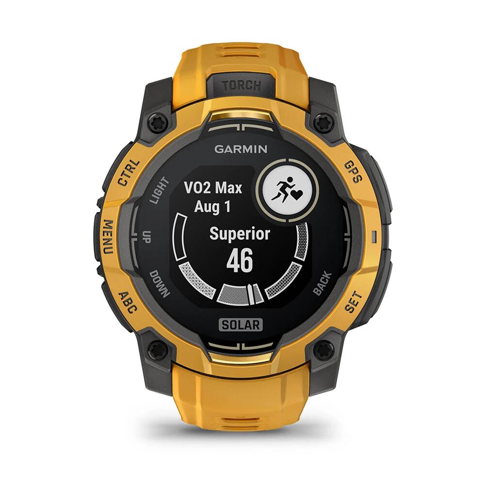 TORCH GARMIN CTRL VO2 Max LIGHT Aug 1 MENU E UP Superior 46 DOWN ABC SOLAR GPS BACK SET