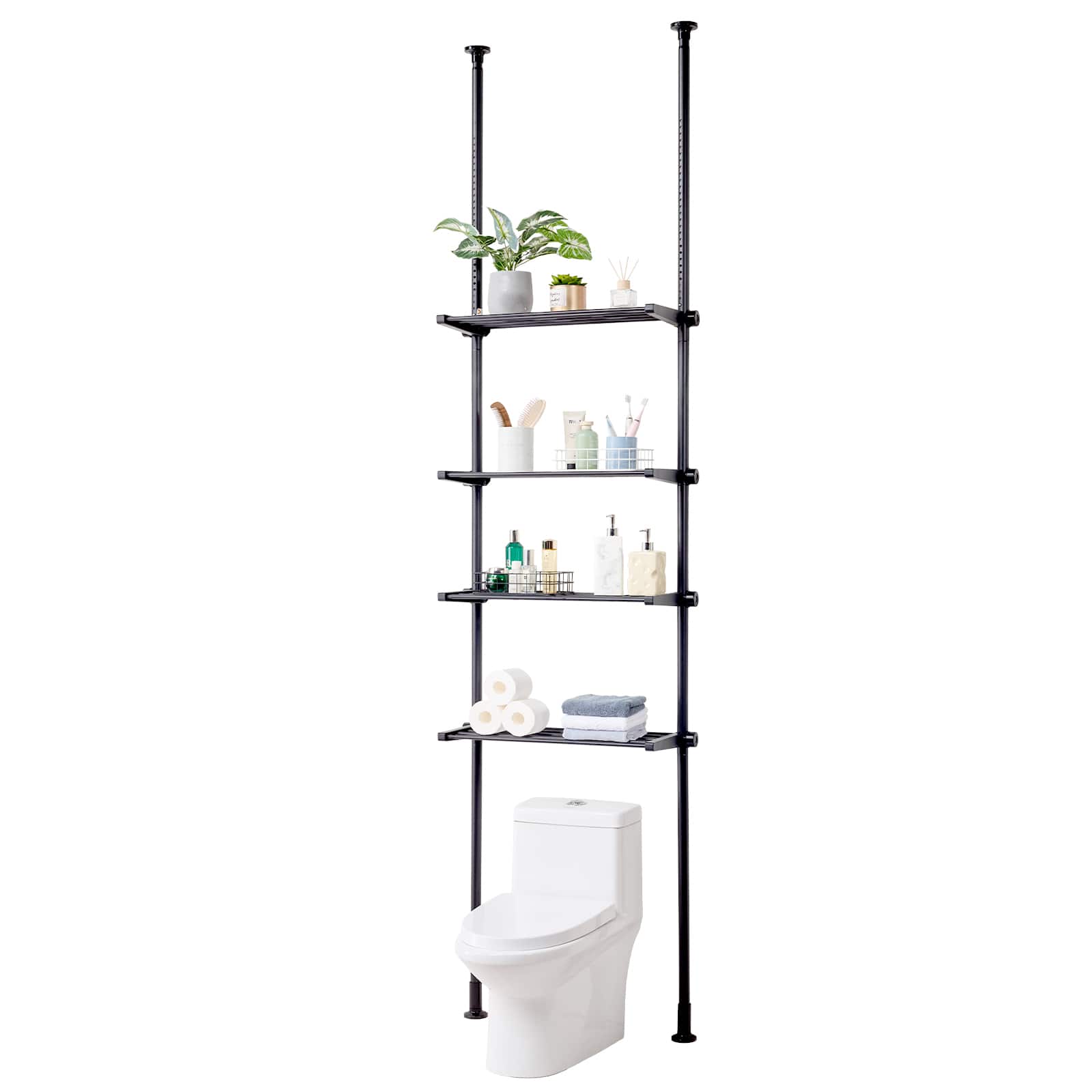 Front. VEVOR - Over the Toilet Storage, 4-Tier Adjustable Over Toilet Organizer, Low-carbon Steel 53"-132" Tall Storage Shelf Rack - Black.