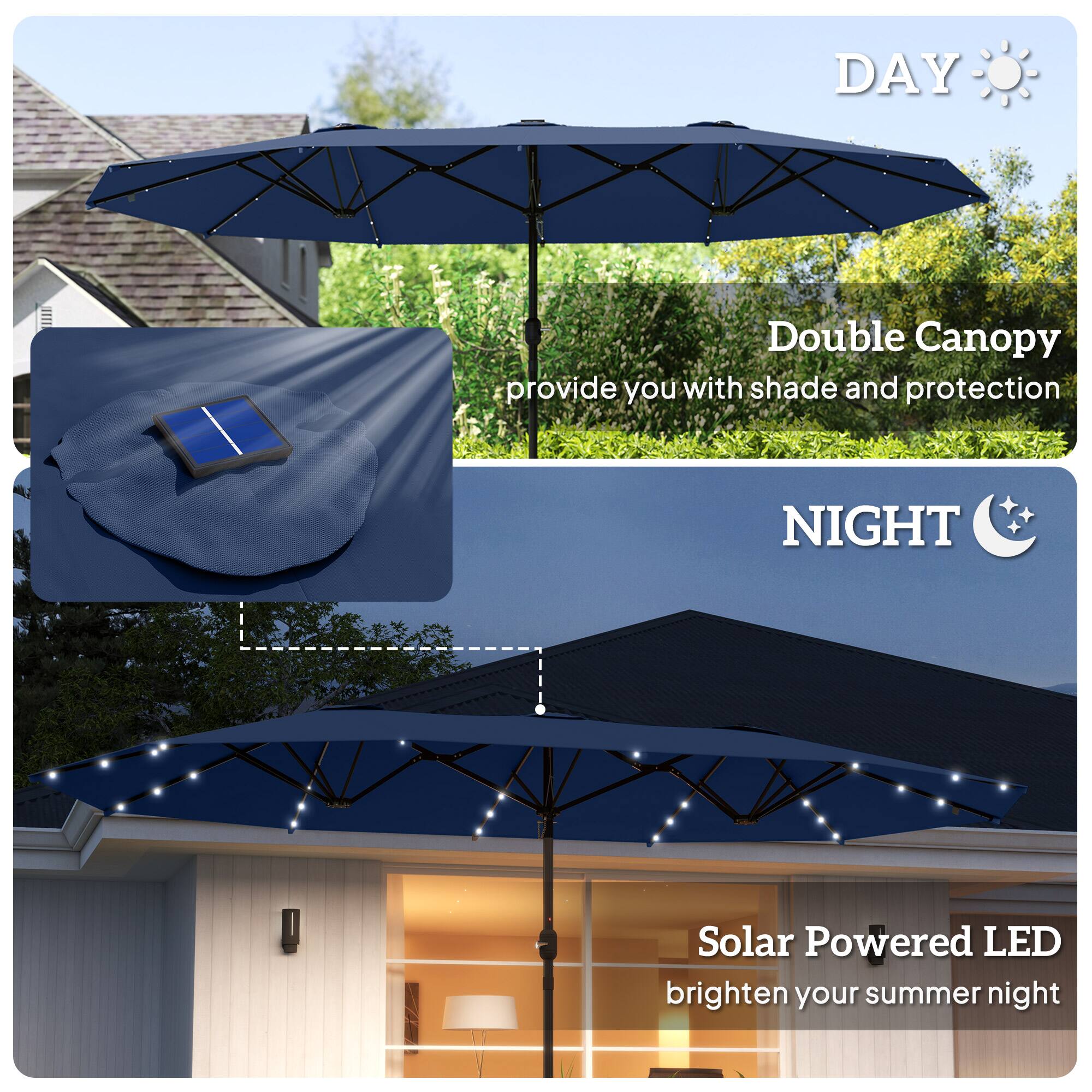 DAY: Double Canopy provide you with shade and protection

NIGHT: Solar Powered LED brighten your summer night