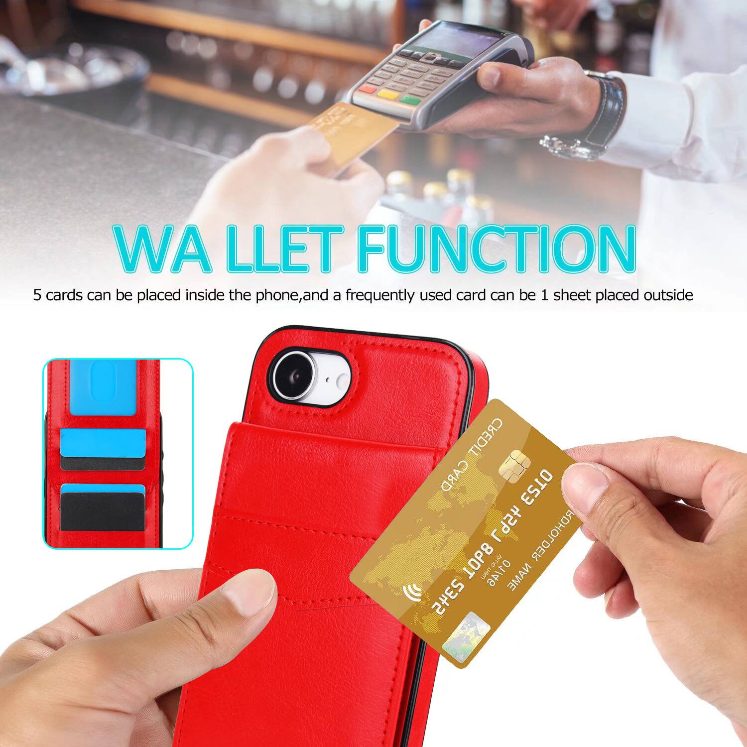 WA LLET FUNCTION  
5 cards can be placed inside the phone, and a frequently used card can be 1 sheet placed outside  
CREDIT CARD HOLDER  
LMHT ANTID NAME 2345