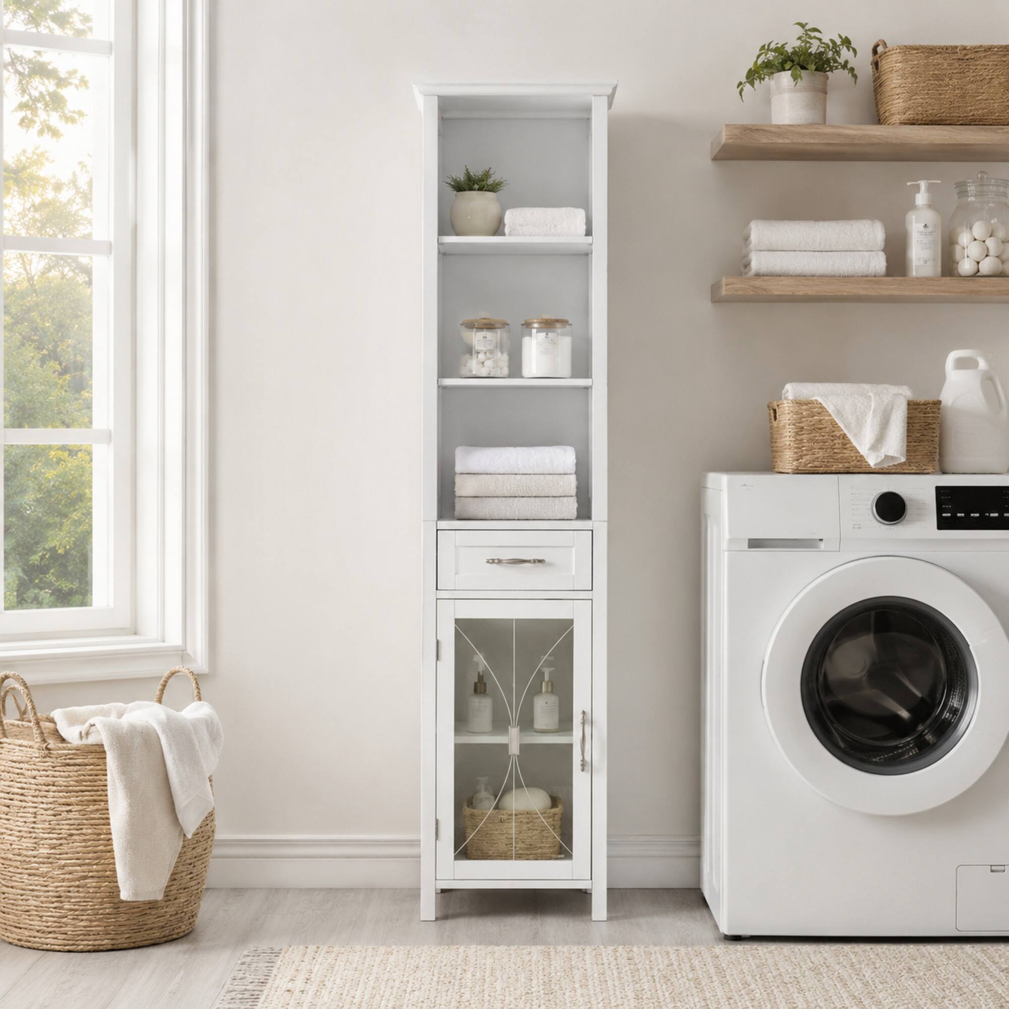 Alt View 2. Teamson Home - Teamson Home Delaney White Bathroom Linen Tower Cabinet with Glass Door & Drawer - White.
