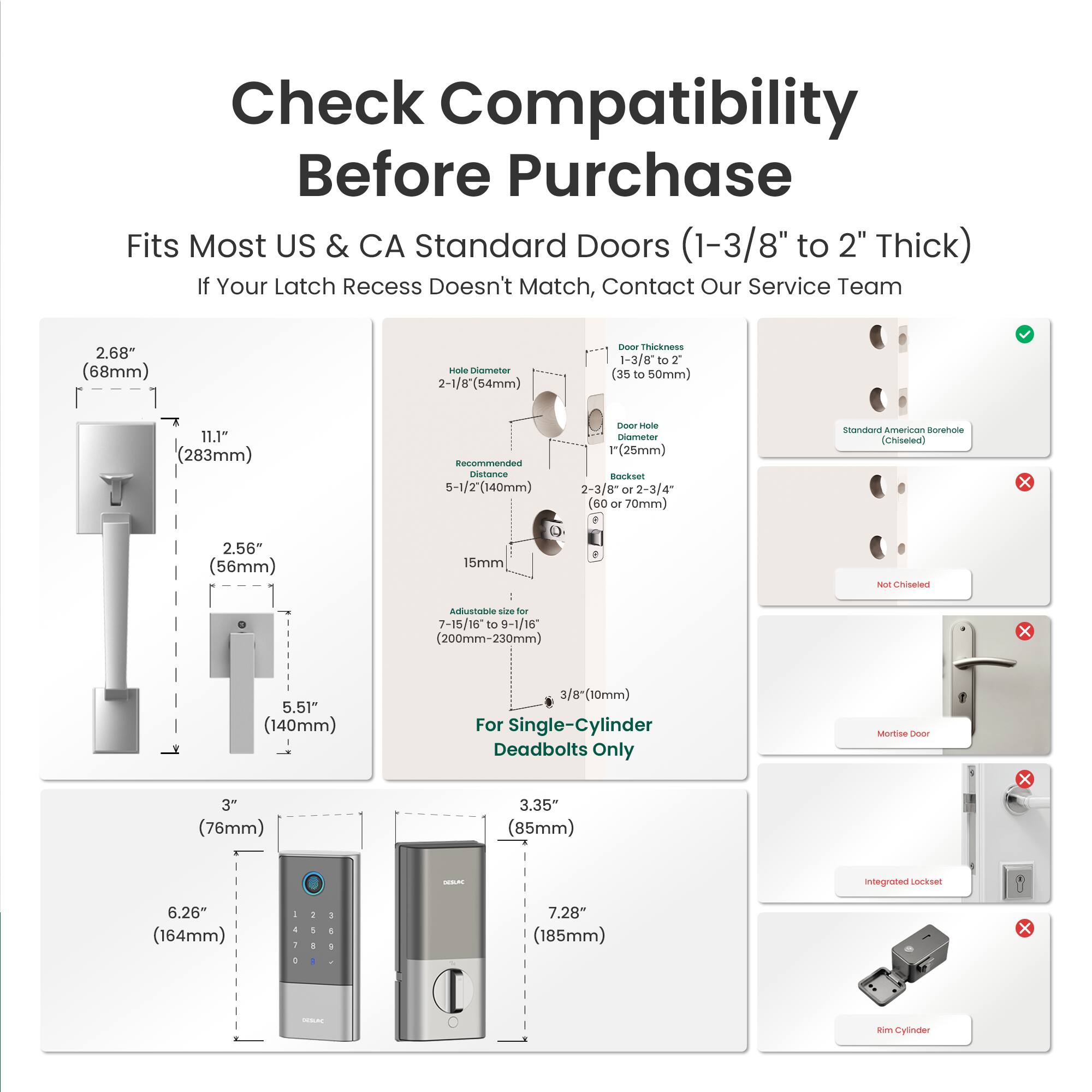 Check Compatibility Before Purchase

Fits Most US & CA Standard Doors (1-3/8" to 2" Thick)

If Your Latch Recess Doesn't Match, Contact Our Service Team

- 2.68" (68mm) Sande Diameter
- 2-1/8" (54mm) TROs4 Thickness
- 1-3/8 to 7" (35 to 50mm)
- 11.1" (283mm) Recommended Distance
- 5-1/2" (140mm) Gresr Haie nsrener 1 (25mm) Bockset
- 2-3/8" 10 2-3/4" (60 or 70mm) Stonoduard American Barehaie (Chiseled)
- 2.56" (56mm) 0 15mm - Amtistoris sice tar
- 7-15/16 to 9-1/16" (200mm-230mm) n nises x 5.51" (140mm)
