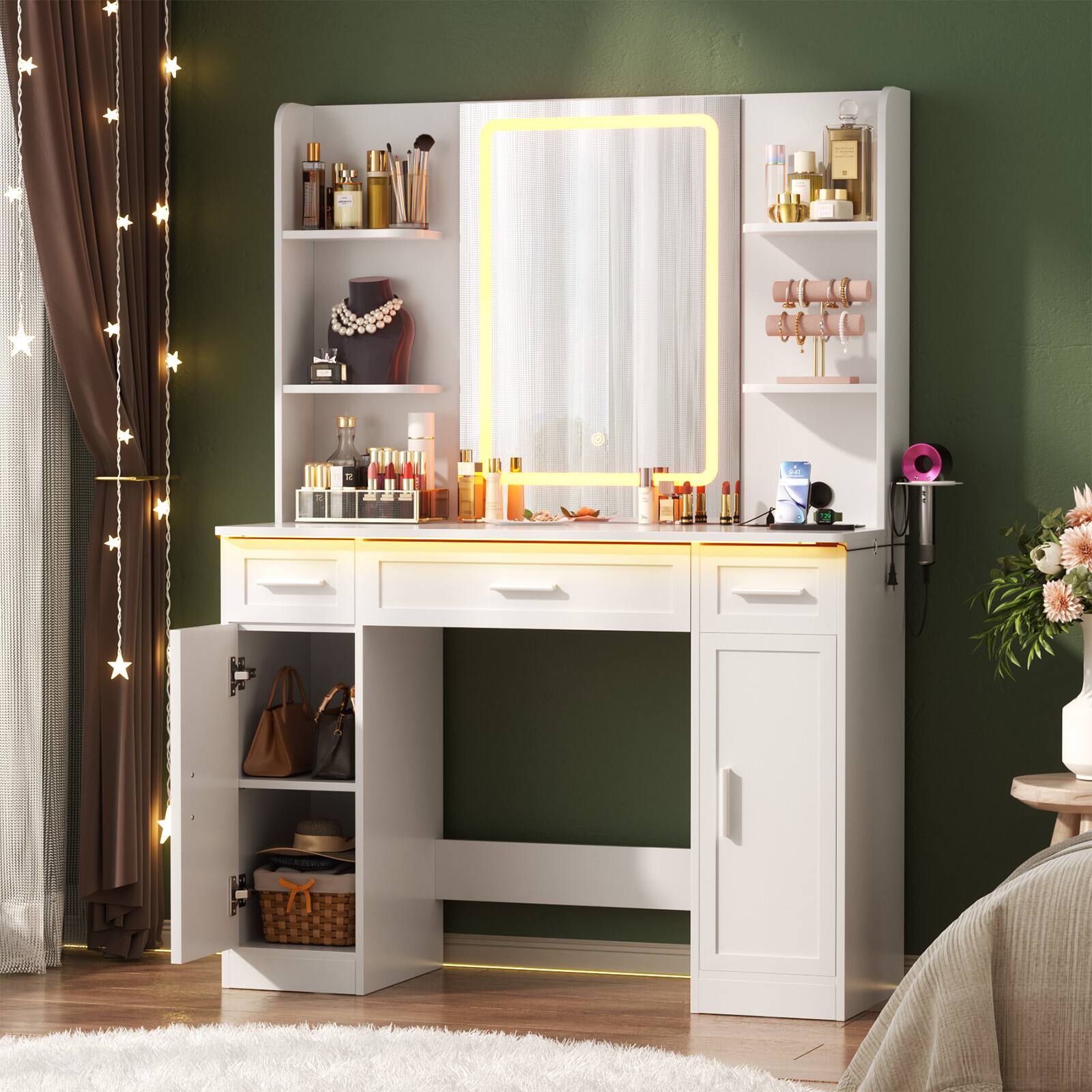 Alt View 1. Aheaplus - Large Wooden Makeup Vanity Desk with Mirror and Lights, Dressing Table with Drawers and Cabinets - White.