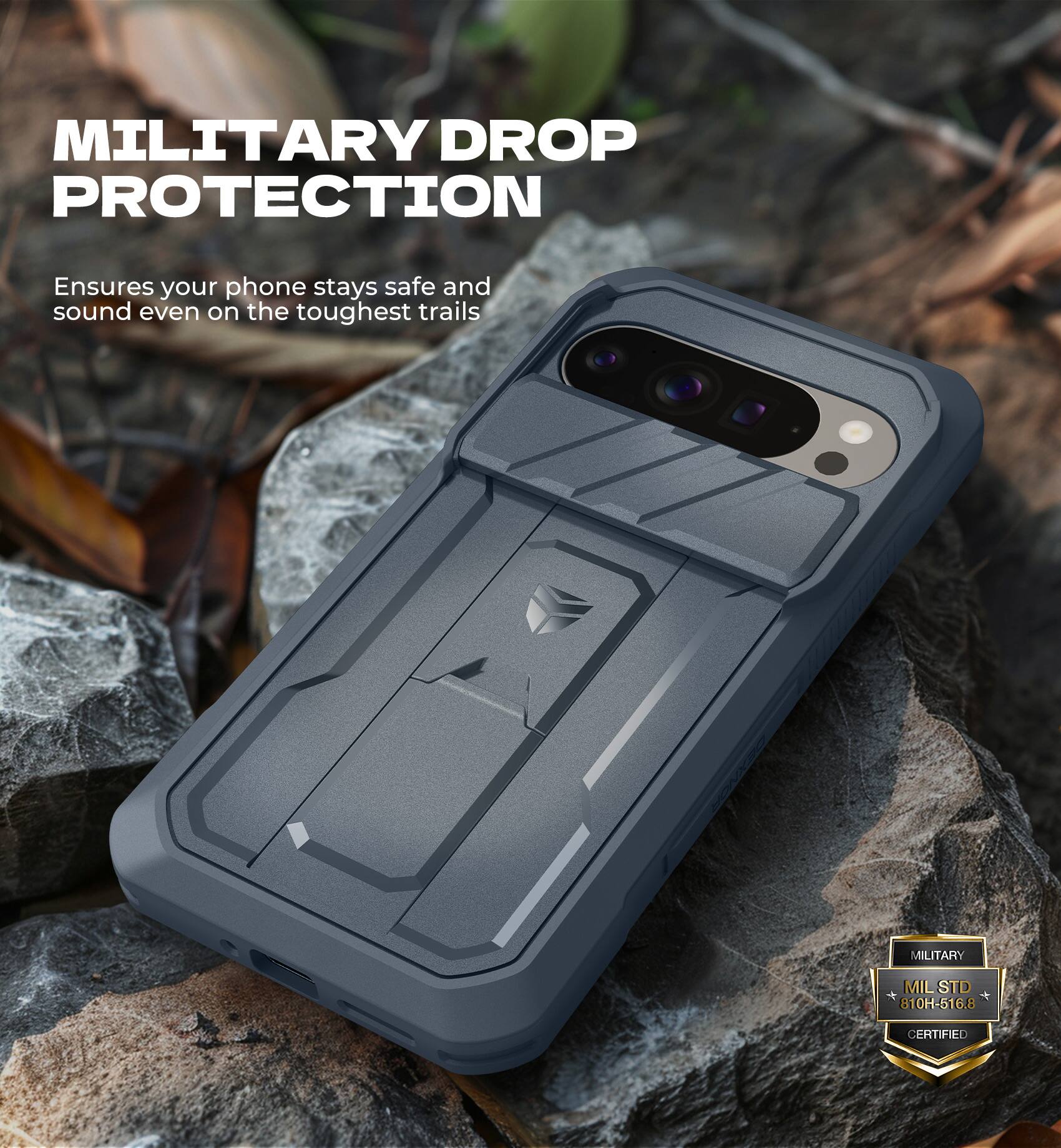 MILITARY DROP PROTECTION  
Ensures your phone stays safe and sound even on the toughest trails  

MILITARY  
MIL STD 810H-516.8 6.8 CERTIFIED