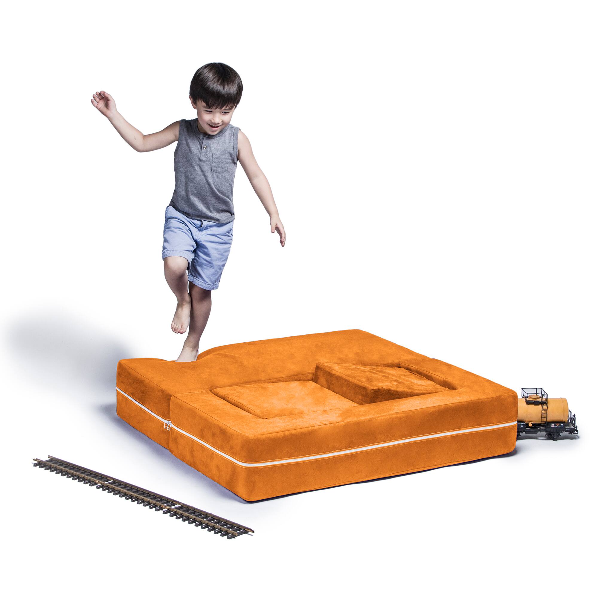 Back. Jaxx - Jaxx Zipline Kids Modular Loveseat & Ottomans/Fold Out Lounger, Mandarin - Mandarin.