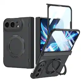 Dteck - For Apple iPhone Duo Rugged Case With Screen Protector, Shockproof Magnetic Ring Stand Hinge Protection Cover - Black