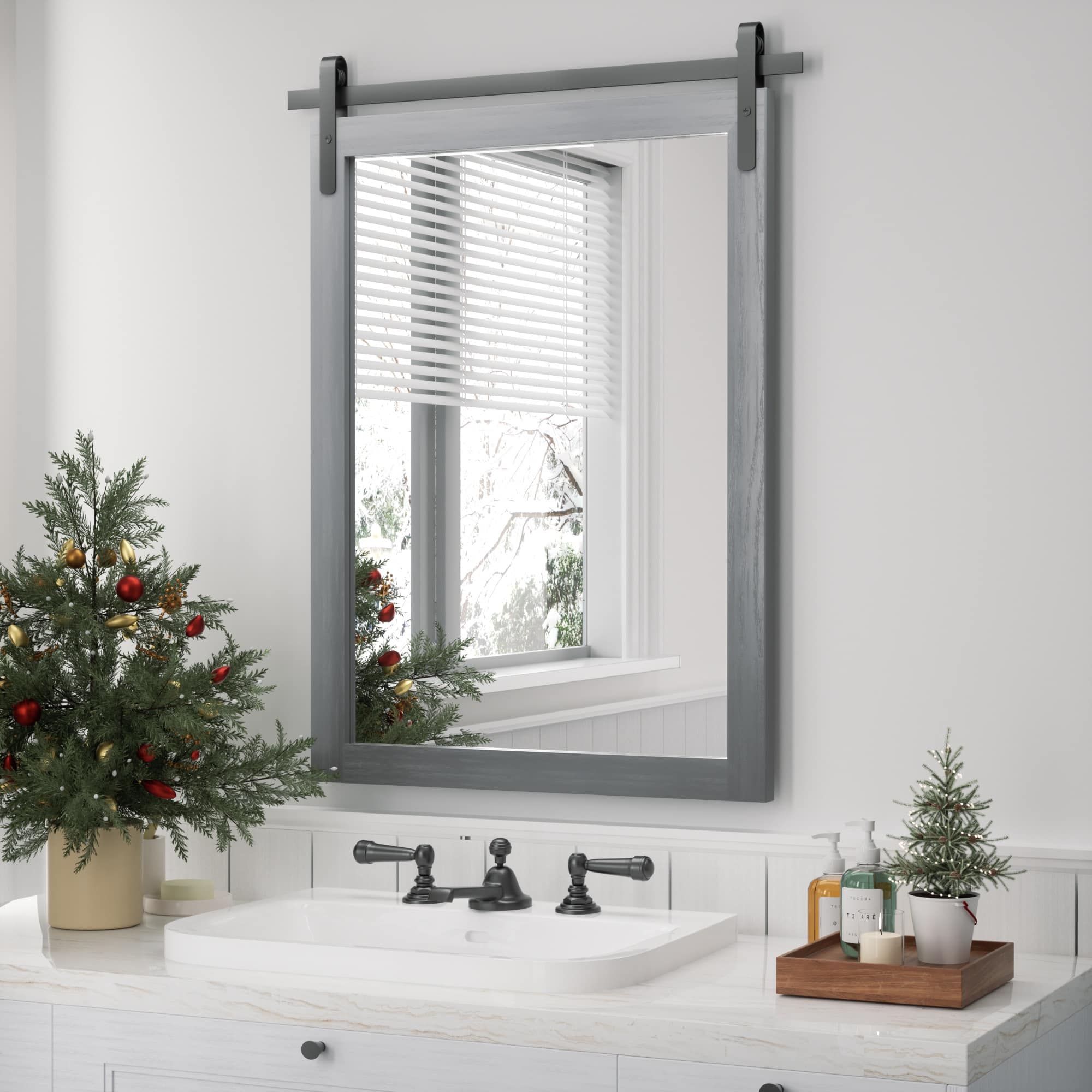 Front. PAIHOME - Modern Style Bathroom Mirror Waterproof Solid Wood Frame Wall Mirror Suitable for Living Room Bedroom - Grey - 24"x36".