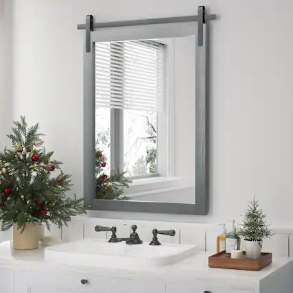 Front. PAIHOME - Modern Style Bathroom Mirror Waterproof Solid Wood Frame Wall Mirror Suitable for Living Room Bedroom - Grey - 24"x36".