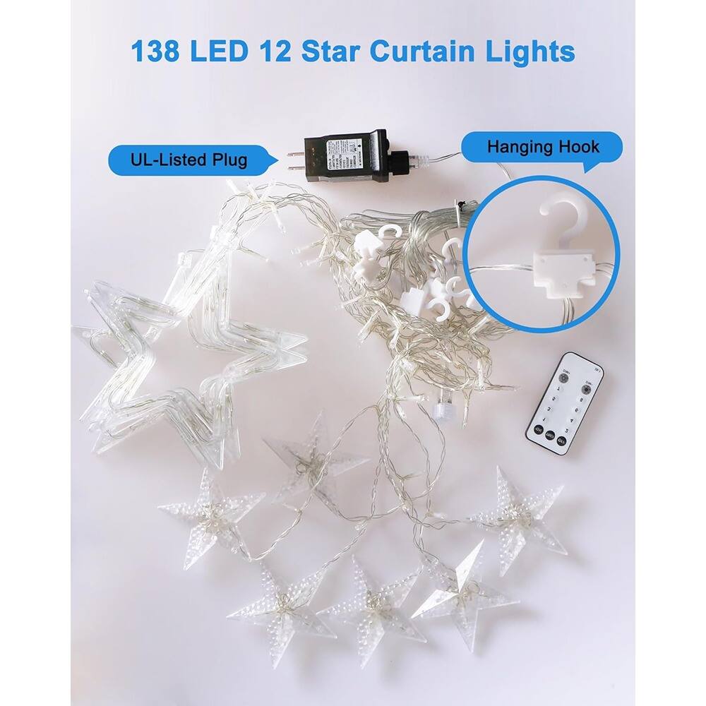 138 LED 12 Star Curtain Lights  
UL-Listed Plug  
Hanging Hook